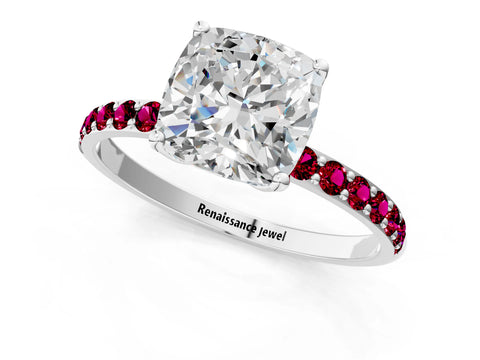 White gold Cushion Cut Diamond Solitaire Engagement Ring with Round with Garnet side stone Pavé Band and Prong Setting_13