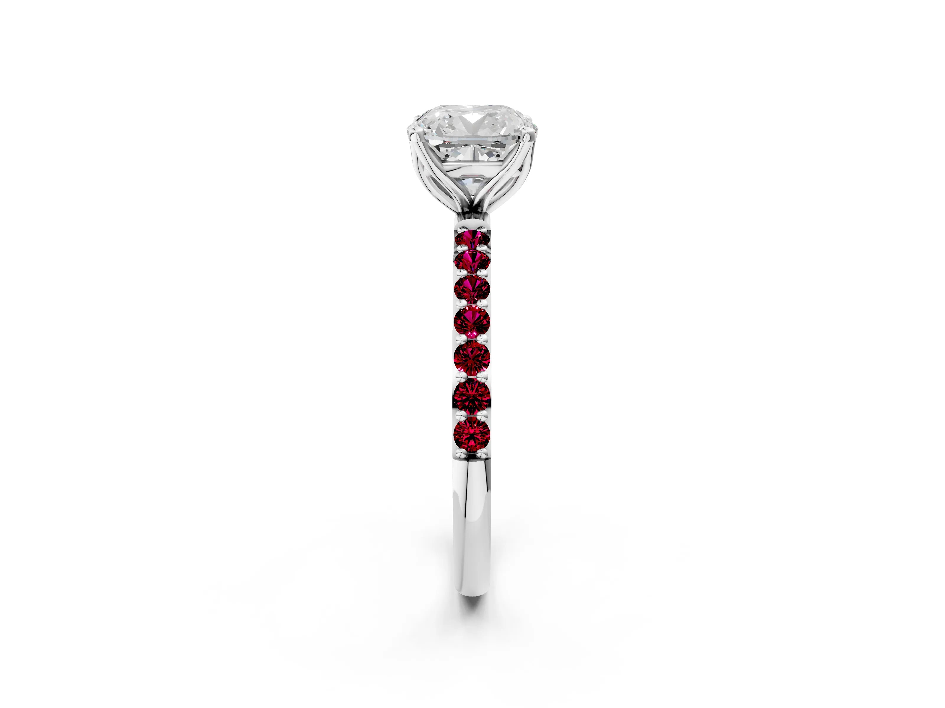 White gold Cushion Cut Diamond Solitaire Engagement Ring with Round with Garnet side stone Pavé Band and Prong Setting_14