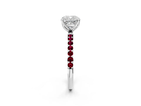 White gold Cushion Cut Diamond Solitaire Engagement Ring with Round with Garnet side stone Pavé Band and Prong Setting_14