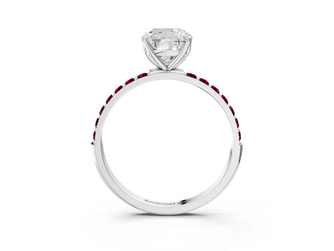 White gold Cushion Cut Diamond Solitaire Engagement Ring with Round with Garnet side stone Pavé Band and Prong Setting_15