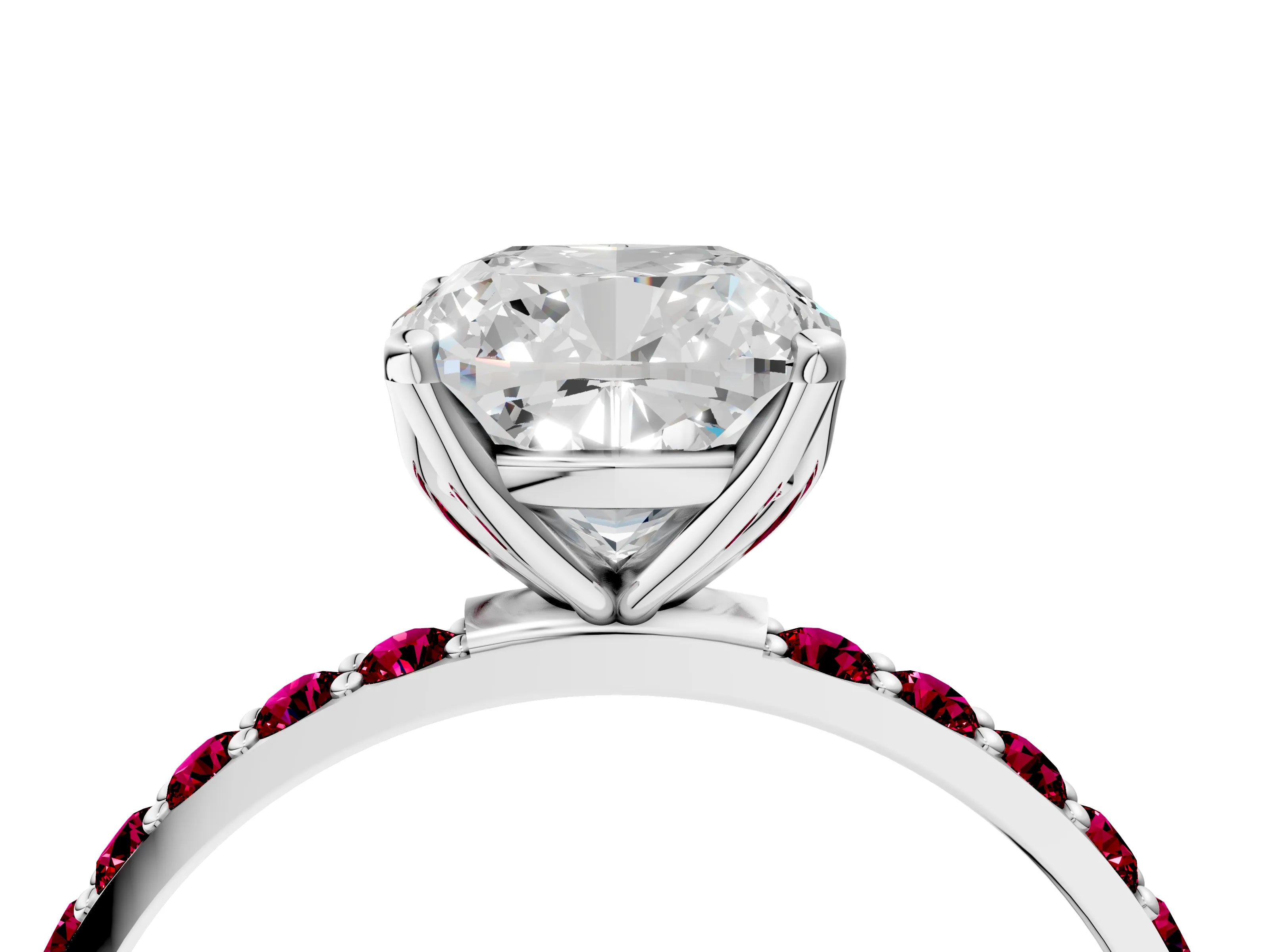 White gold Cushion Cut Diamond Solitaire Engagement Ring with Round with Garnet side stone Pavé Band and Prong Setting_16