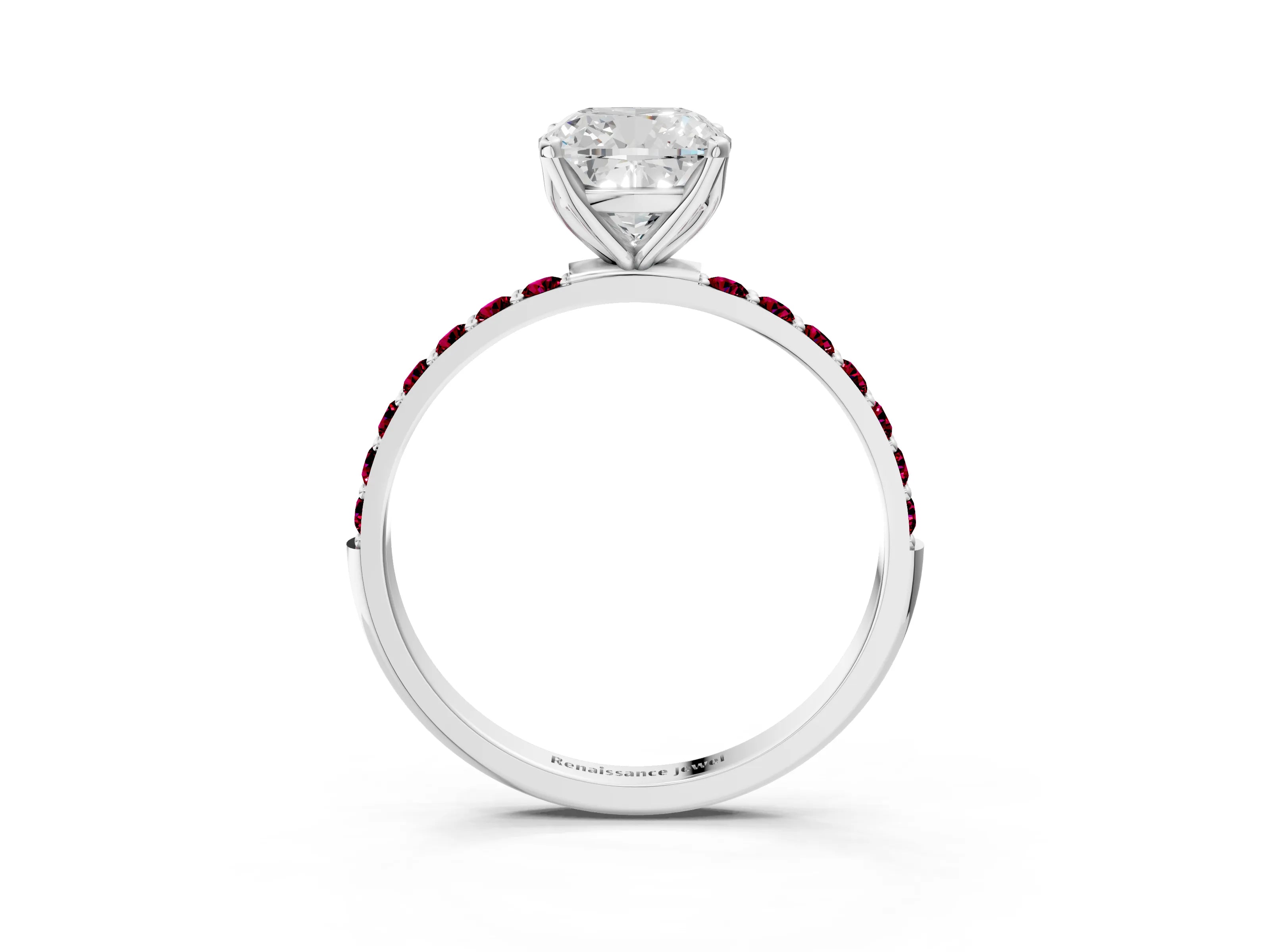 White gold Cushion Cut Diamond Solitaire Engagement Ring with Round with Garnet side stone Pavé Band and Prong Setting_27