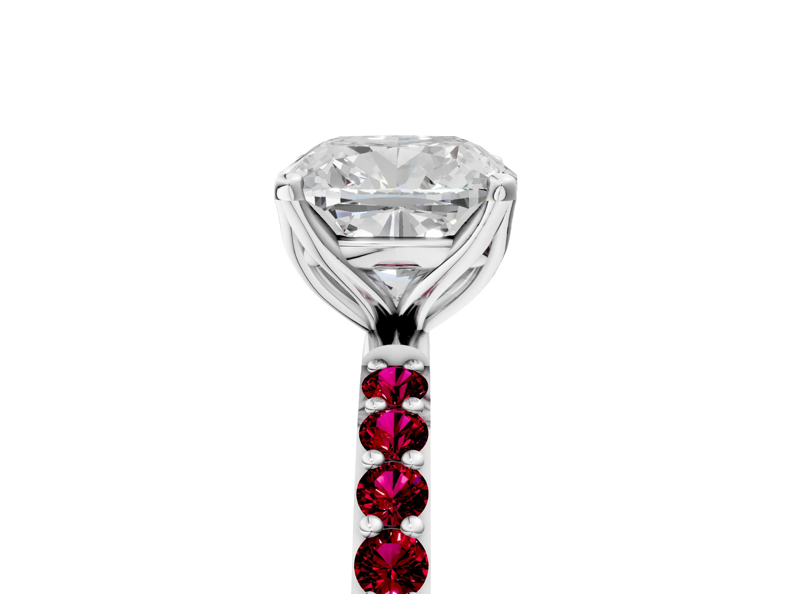 White gold Cushion Cut Diamond Solitaire Engagement Ring with Round with Garnet side stone Pavé Band and Prong Setting_29
