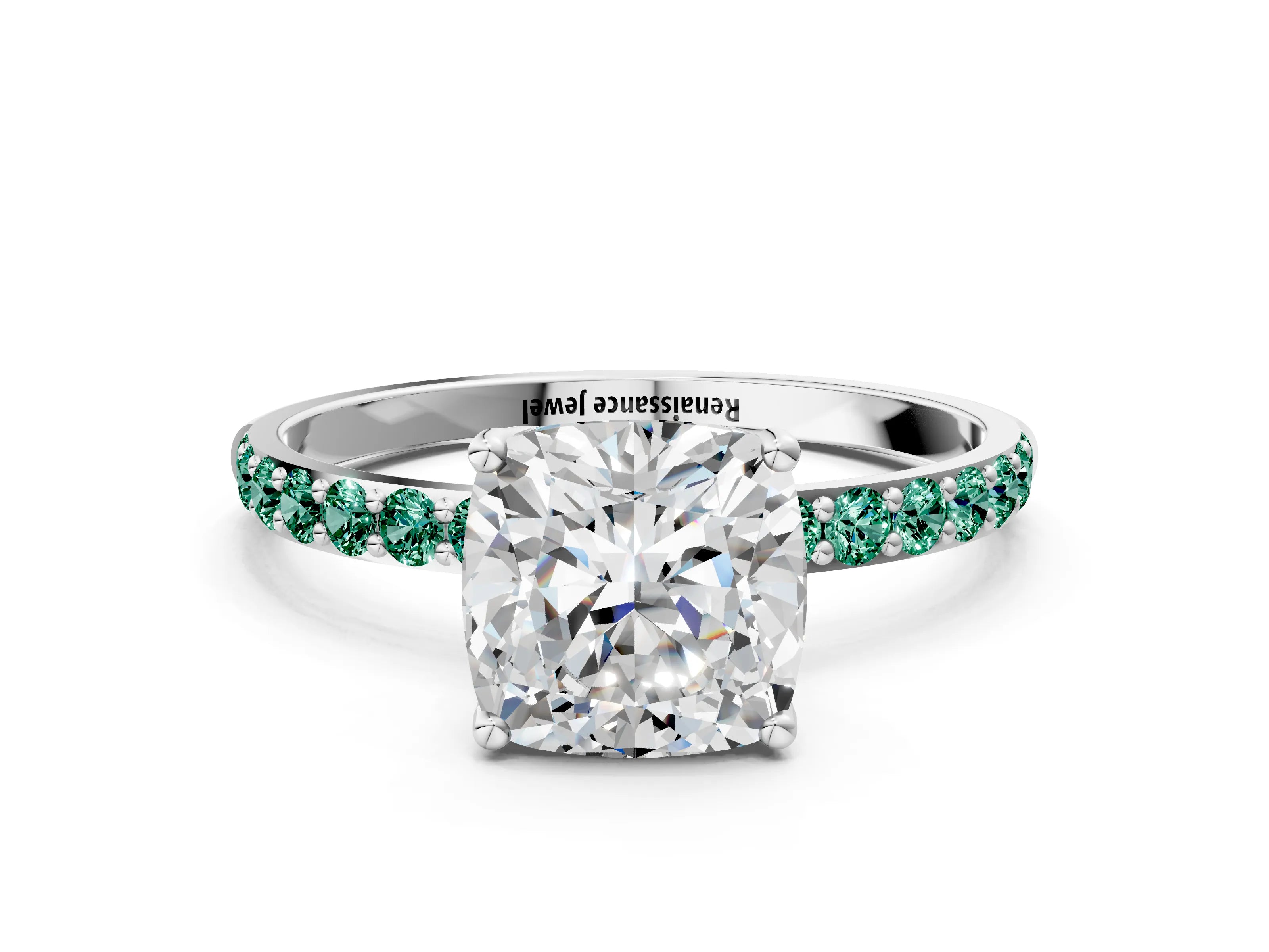 White gold Cushion Cut Diamond Solitaire Engagement Ring with Round with Green Sapphire side stone Pavé Band and Prong Setting