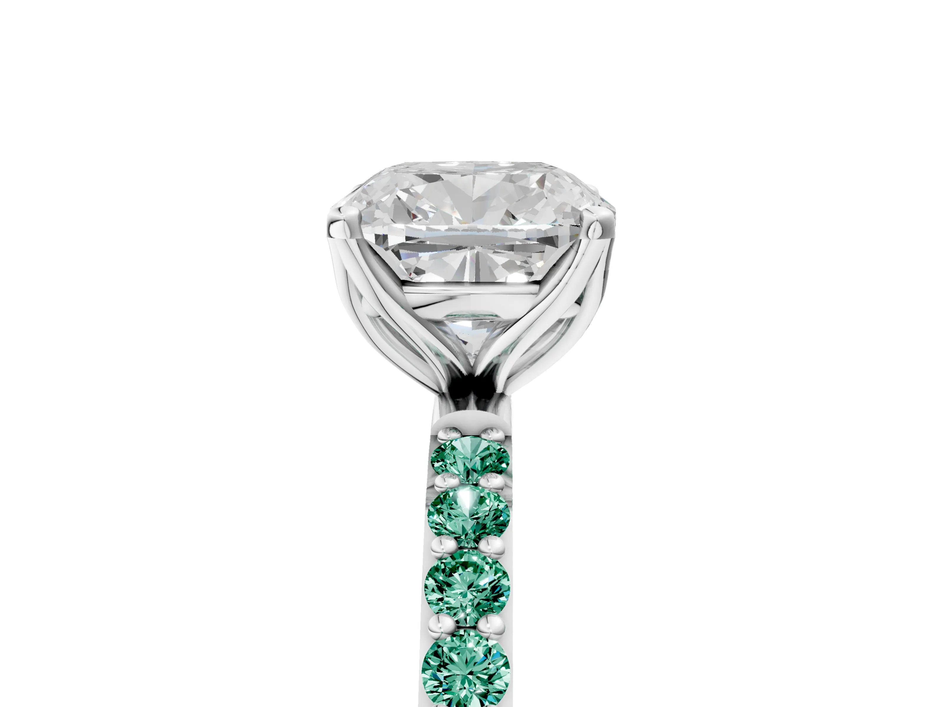 White gold Cushion Cut Diamond Solitaire Engagement Ring with Round with Green Sapphire side stone Pavé Band and Prong Setting_17