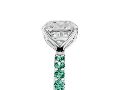 White gold Cushion Cut Diamond Solitaire Engagement Ring with Round with Green Sapphire side stone Pavé Band and Prong Setting_17