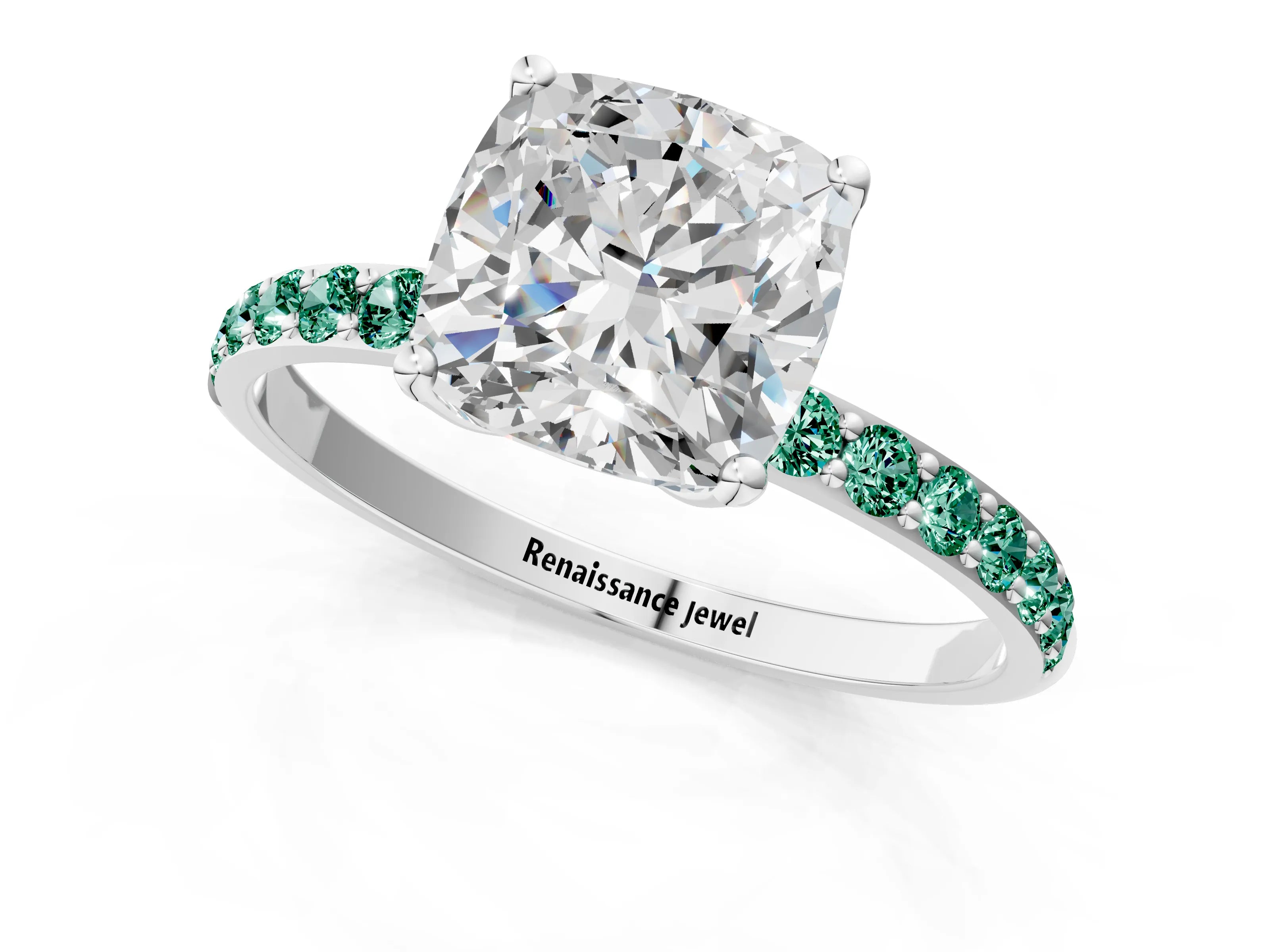 White gold Cushion Cut Diamond Solitaire Engagement Ring with Round with Green Sapphire side stone Pavé Band and Prong Setting_1