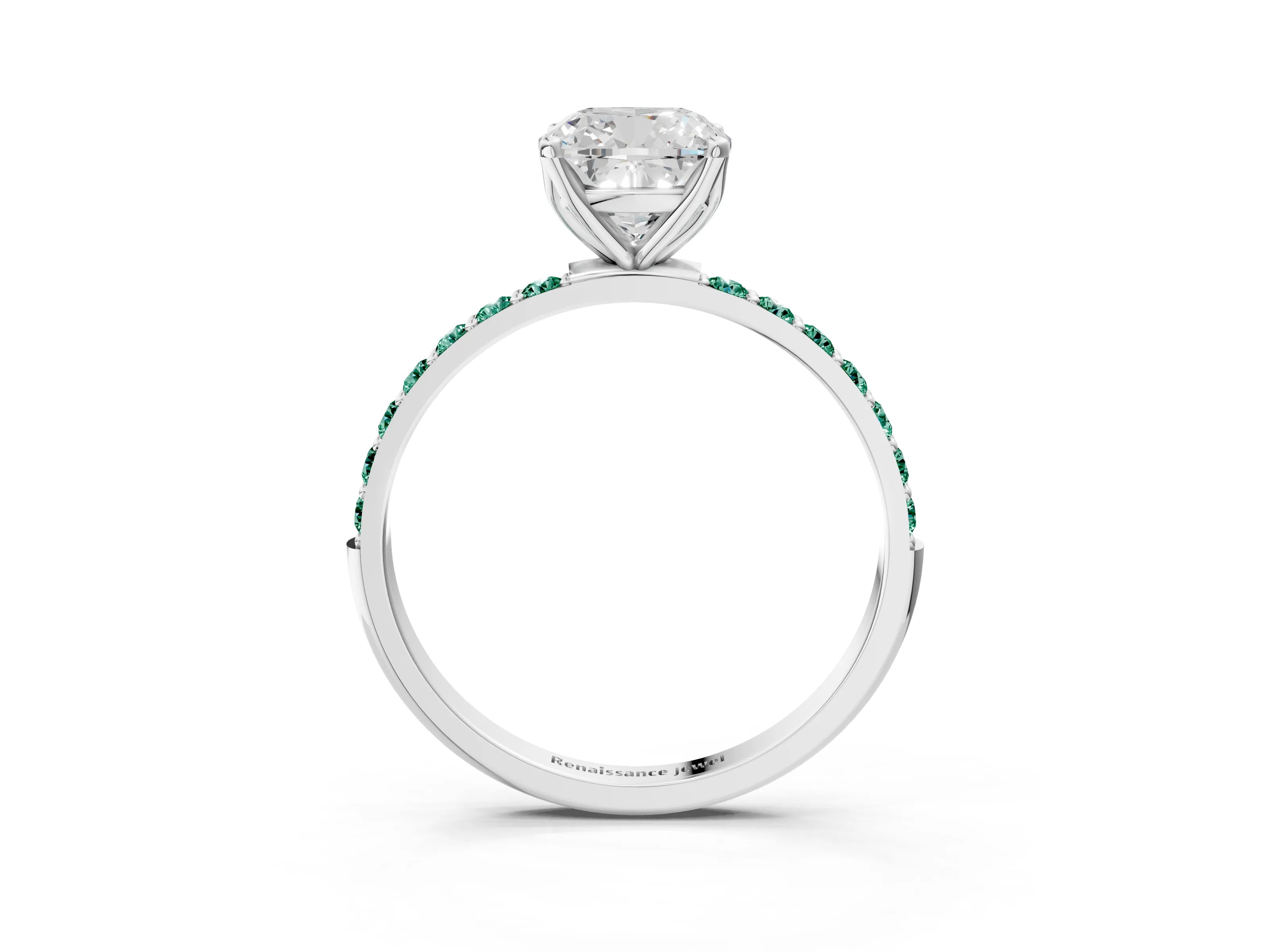White gold Cushion Cut Diamond Solitaire Engagement Ring with Round with Green Sapphire side stone Pavé Band and Prong Setting_3