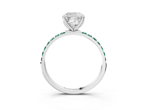 White gold Cushion Cut Diamond Solitaire Engagement Ring with Round with Green Sapphire side stone Pavé Band and Prong Setting_3