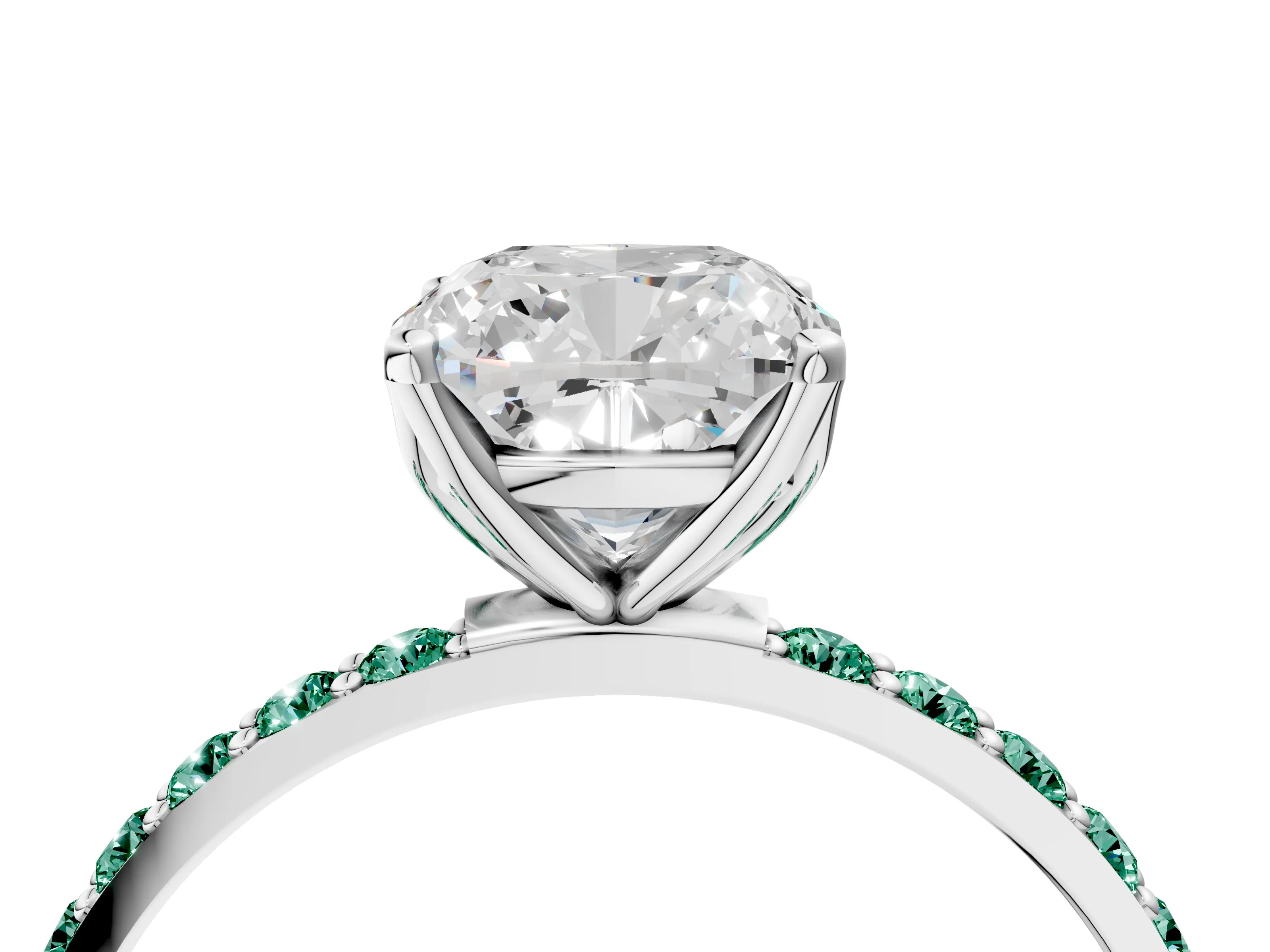 White gold Cushion Cut Diamond Solitaire Engagement Ring with Round with Green Sapphire side stone Pavé Band and Prong Setting_4