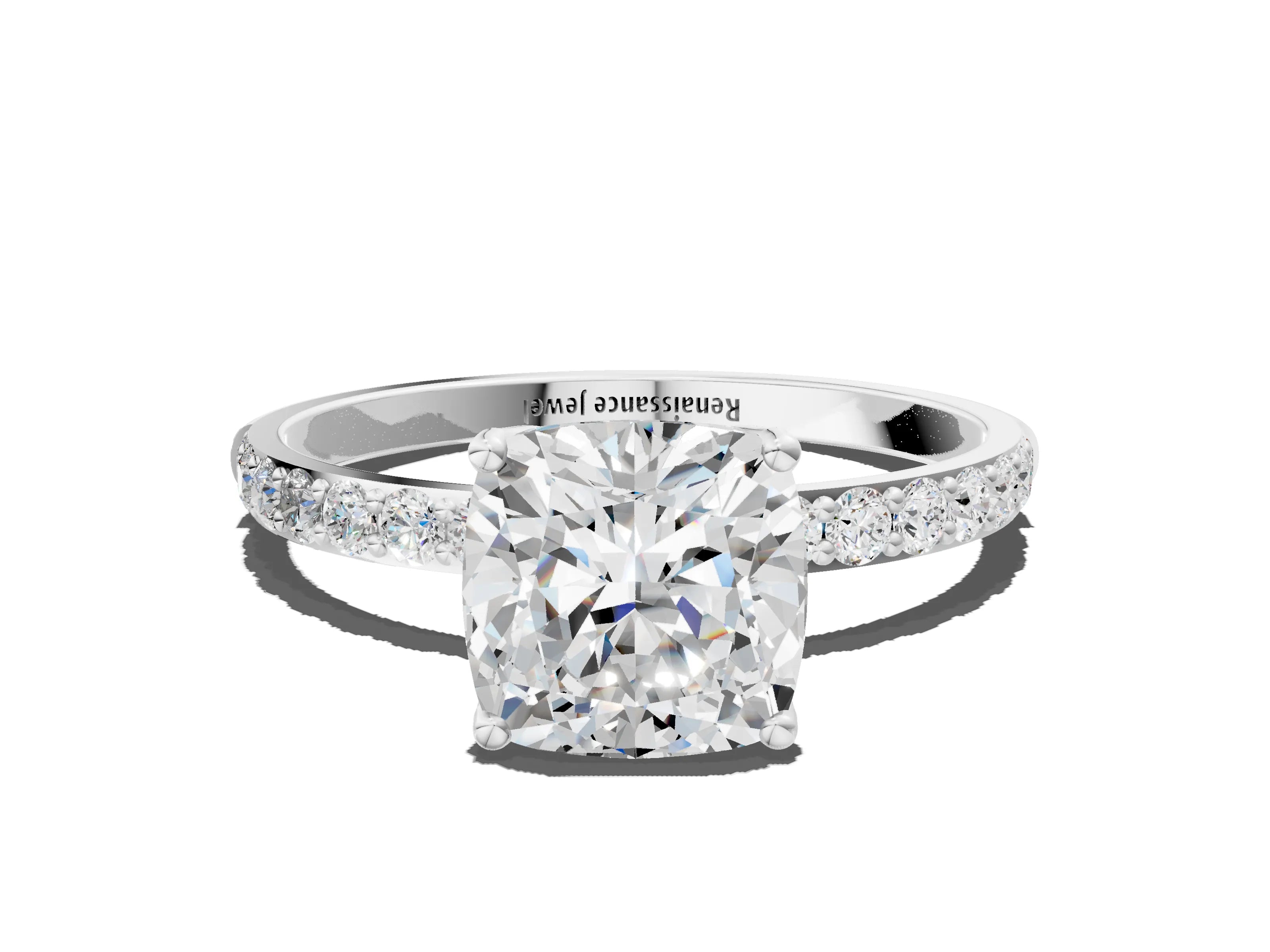 White gold Cushion Cut Diamond Solitaire Engagement Ring with Round with Moissanite side stone Pavé Band and Prong Setting_12