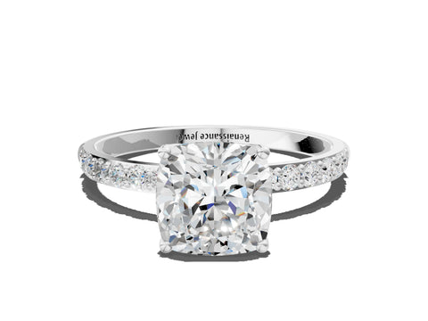White gold Cushion Cut Diamond Solitaire Engagement Ring with Round with Moissanite side stone Pavé Band and Prong Setting_12