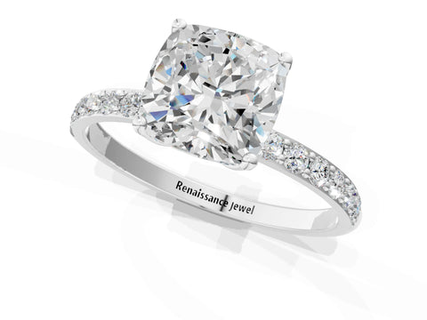White gold Cushion Cut Diamond Solitaire Engagement Ring with Round with Moissanite side stone Pavé Band and Prong Setting_13
