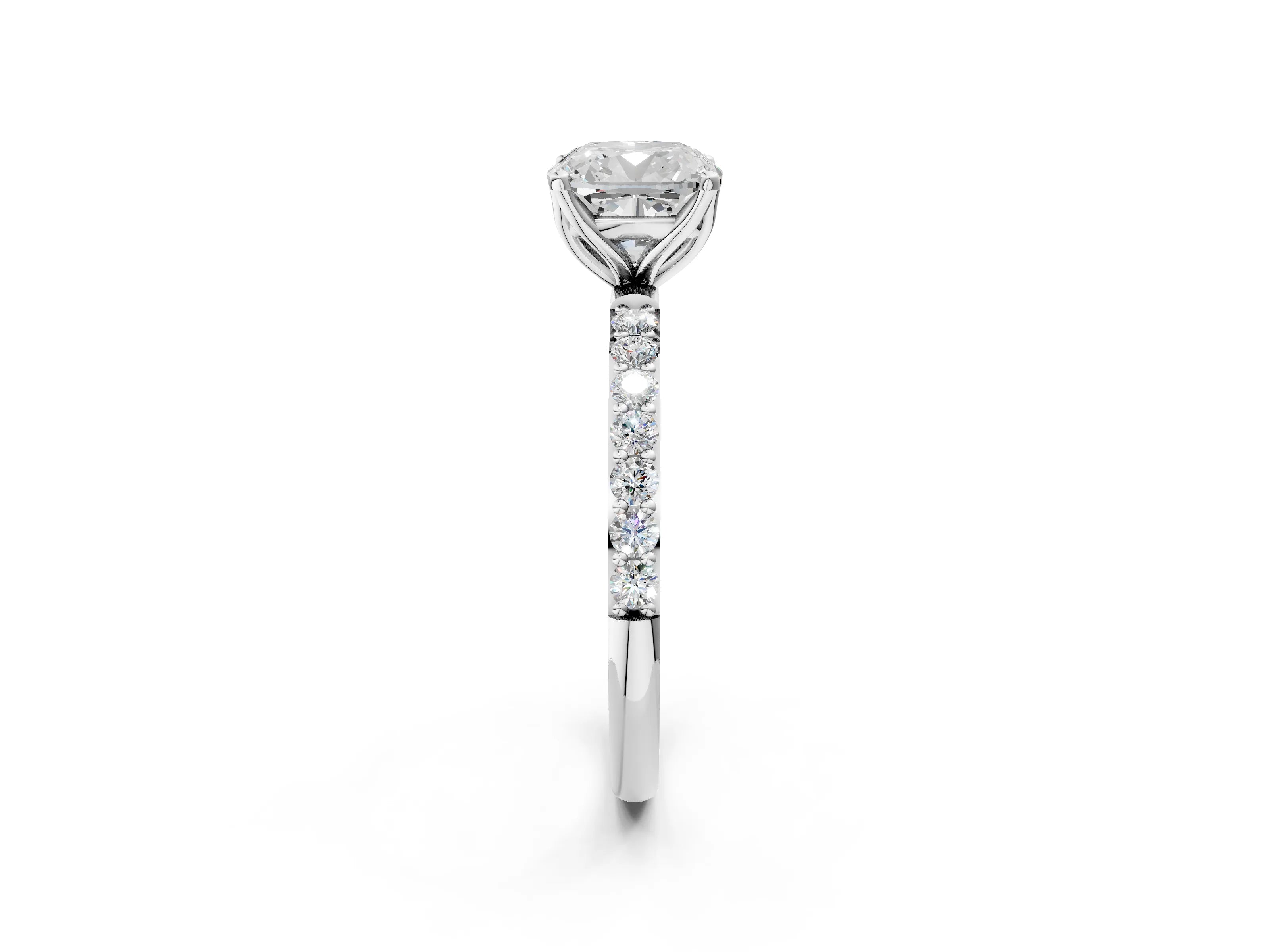 White gold Cushion Cut Diamond Solitaire Engagement Ring with Round with Moissanite side stone Pavé Band and Prong Setting_14