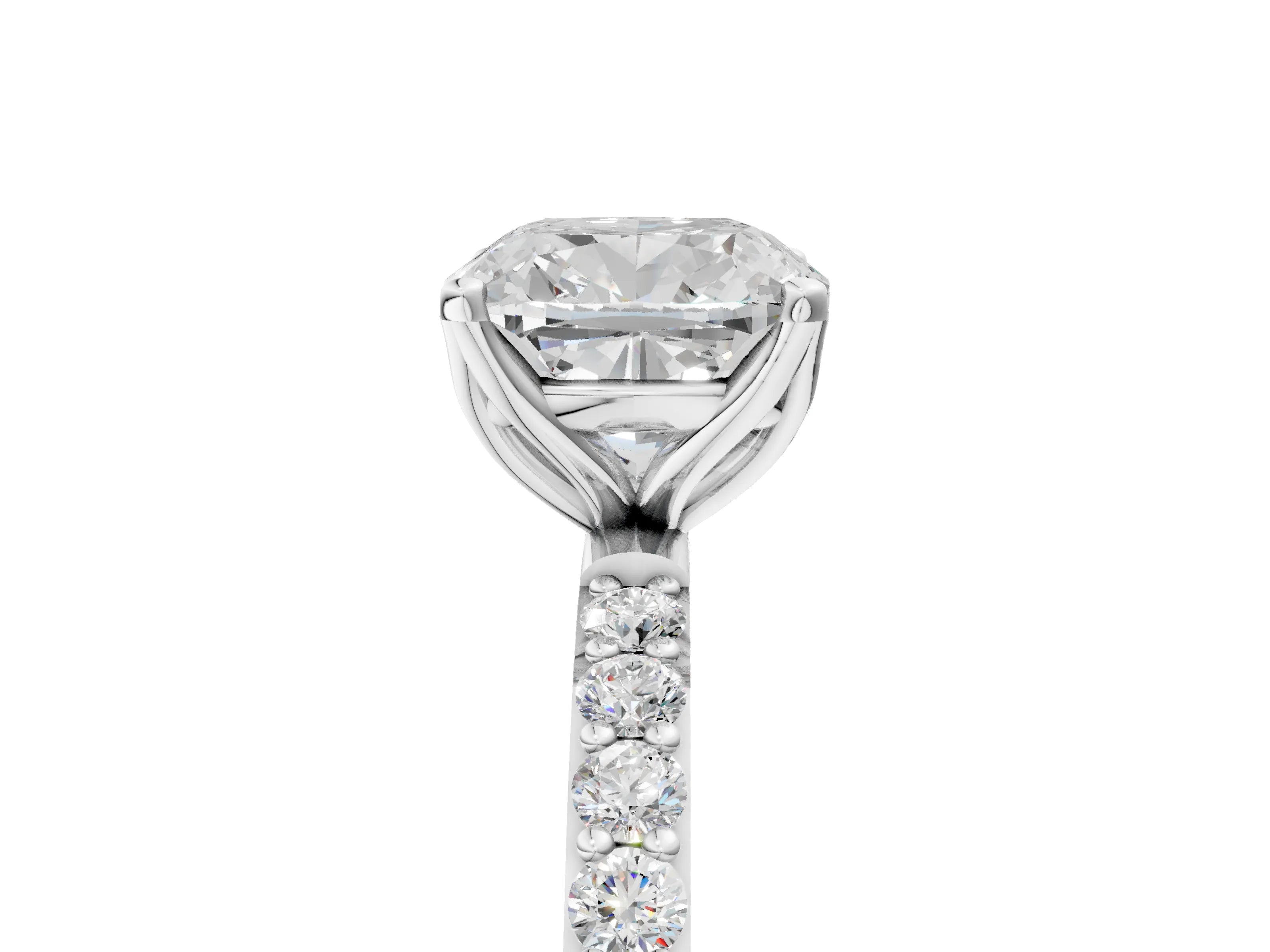 White gold Cushion Cut Diamond Solitaire Engagement Ring with Round with Moissanite side stone Pavé Band and Prong Setting_17