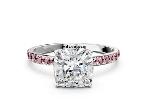 White gold Cushion Cut Diamond Solitaire Engagement Ring with Round with Morganite side stone Pavé Band and Prong Setting_12