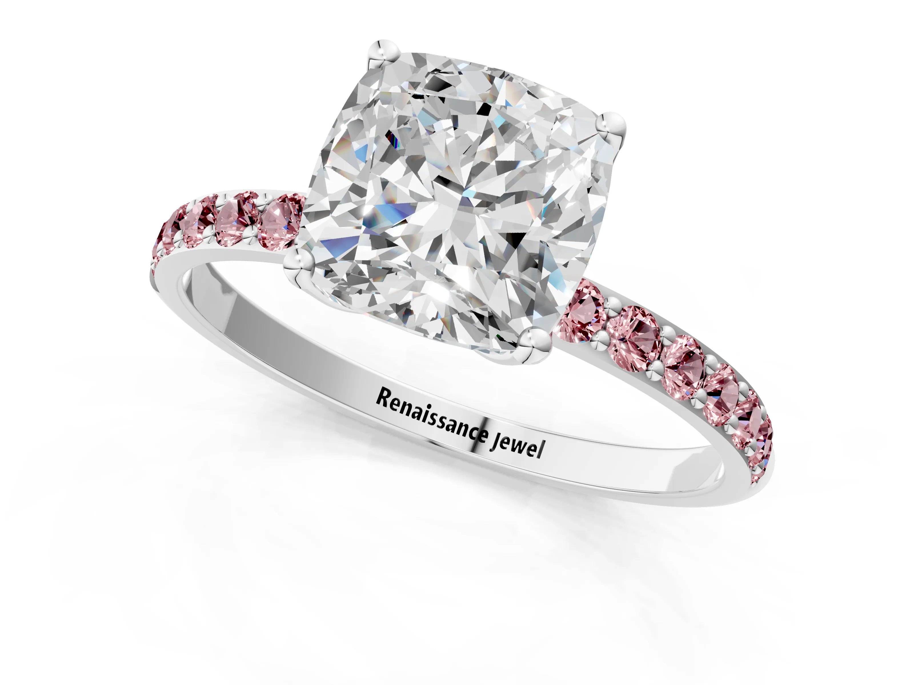 White gold Cushion Cut Diamond Solitaire Engagement Ring with Round with Morganite side stone Pavé Band and Prong Setting_13