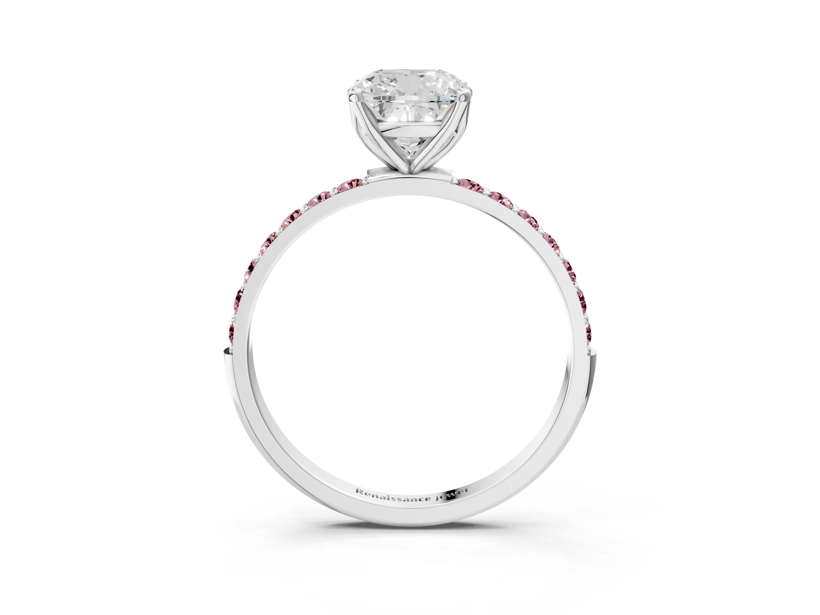 White gold Cushion Cut Diamond Solitaire Engagement Ring with Round with Morganite side stone Pavé Band and Prong Setting_15