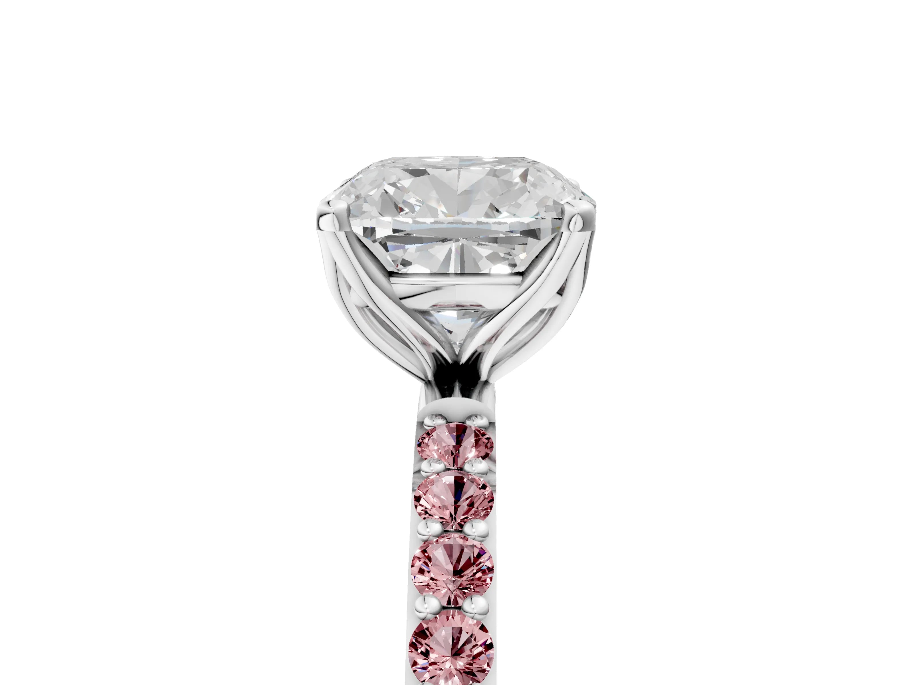 White gold Cushion Cut Diamond Solitaire Engagement Ring with Round with Morganite side stone Pavé Band and Prong Setting_17