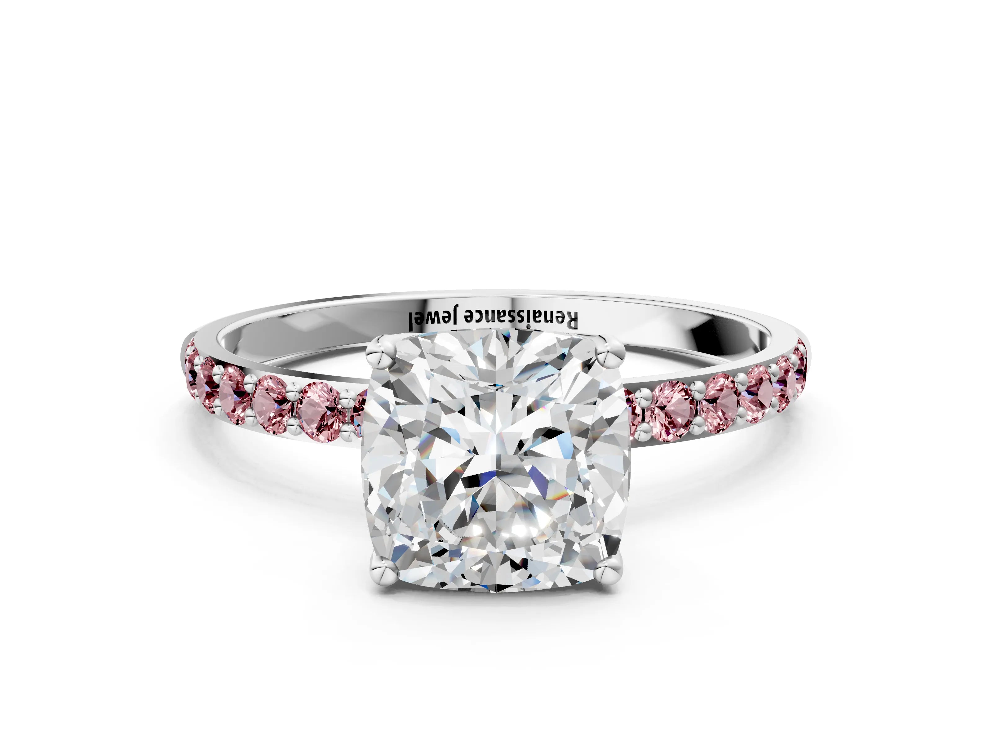White gold Cushion Cut Diamond Solitaire Engagement Ring with Round with Morganite side stone Pavé Band and Prong Setting_24