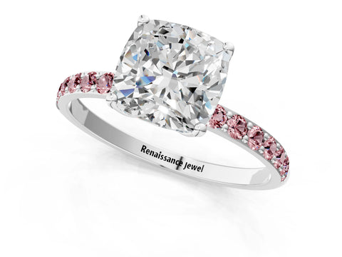 White gold Cushion Cut Diamond Solitaire Engagement Ring with Round with Morganite side stone Pavé Band and Prong Setting_25