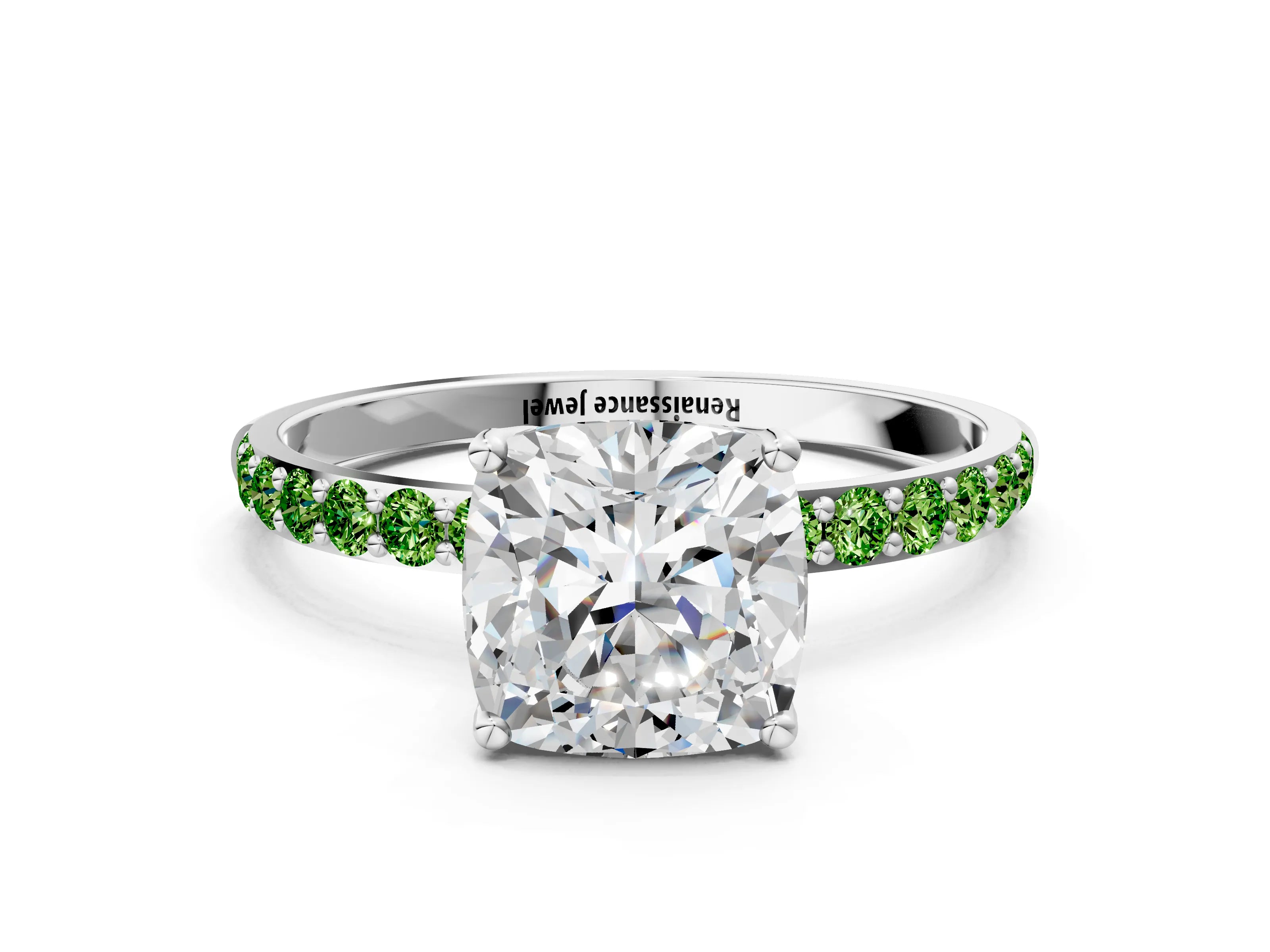 White gold Cushion Cut Diamond Solitaire Engagement Ring with Round with Peridot side stone Pavé Band and Prong Setting