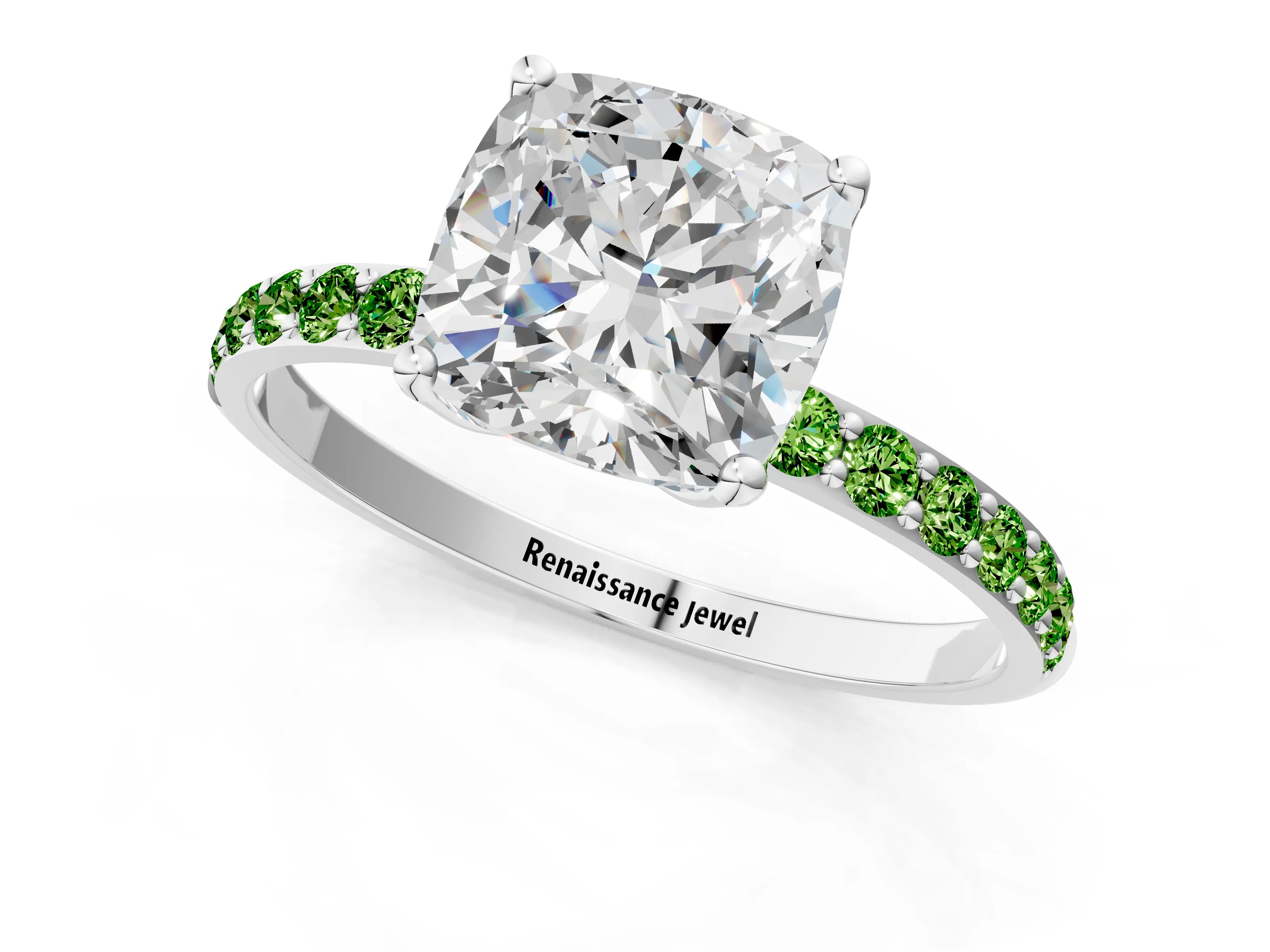 White gold Cushion Cut Diamond Solitaire Engagement Ring with Round with Peridot side stone Pavé Band and Prong Setting_1