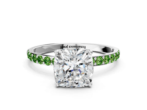White gold Cushion Cut Diamond Solitaire Engagement Ring with Round with Peridot side stone Pavé Band and Prong Setting_12