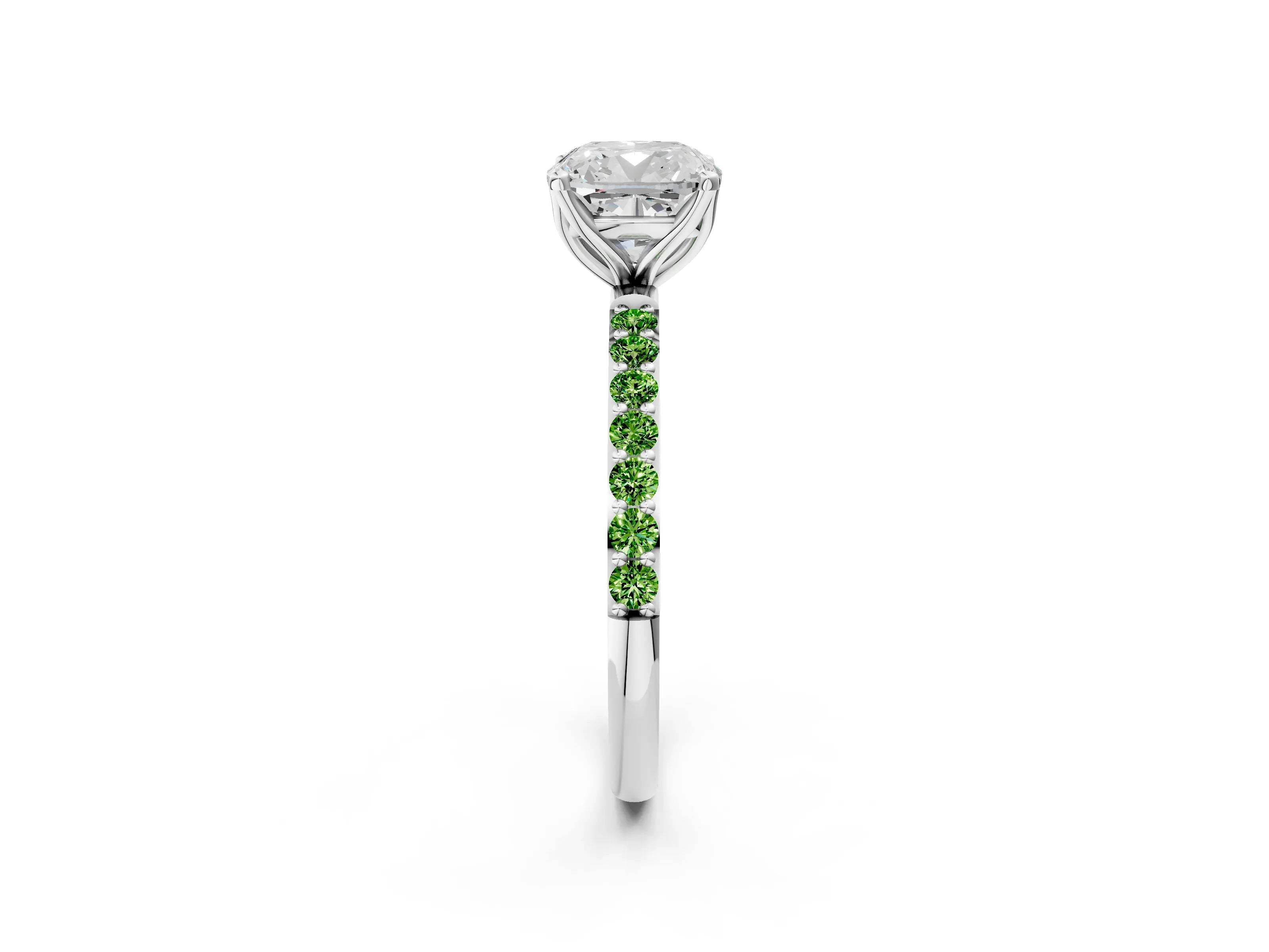 White gold Cushion Cut Diamond Solitaire Engagement Ring with Round with Peridot side stone Pavé Band and Prong Setting_2