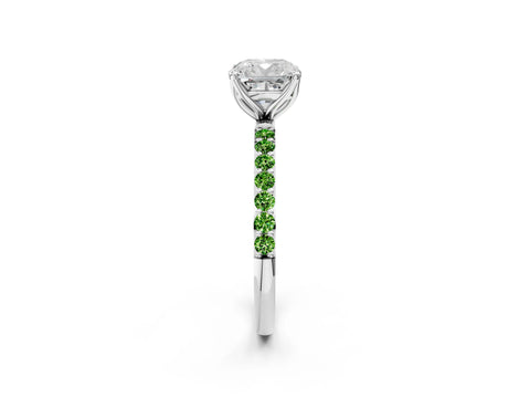 White gold Cushion Cut Diamond Solitaire Engagement Ring with Round with Peridot side stone Pavé Band and Prong Setting_2