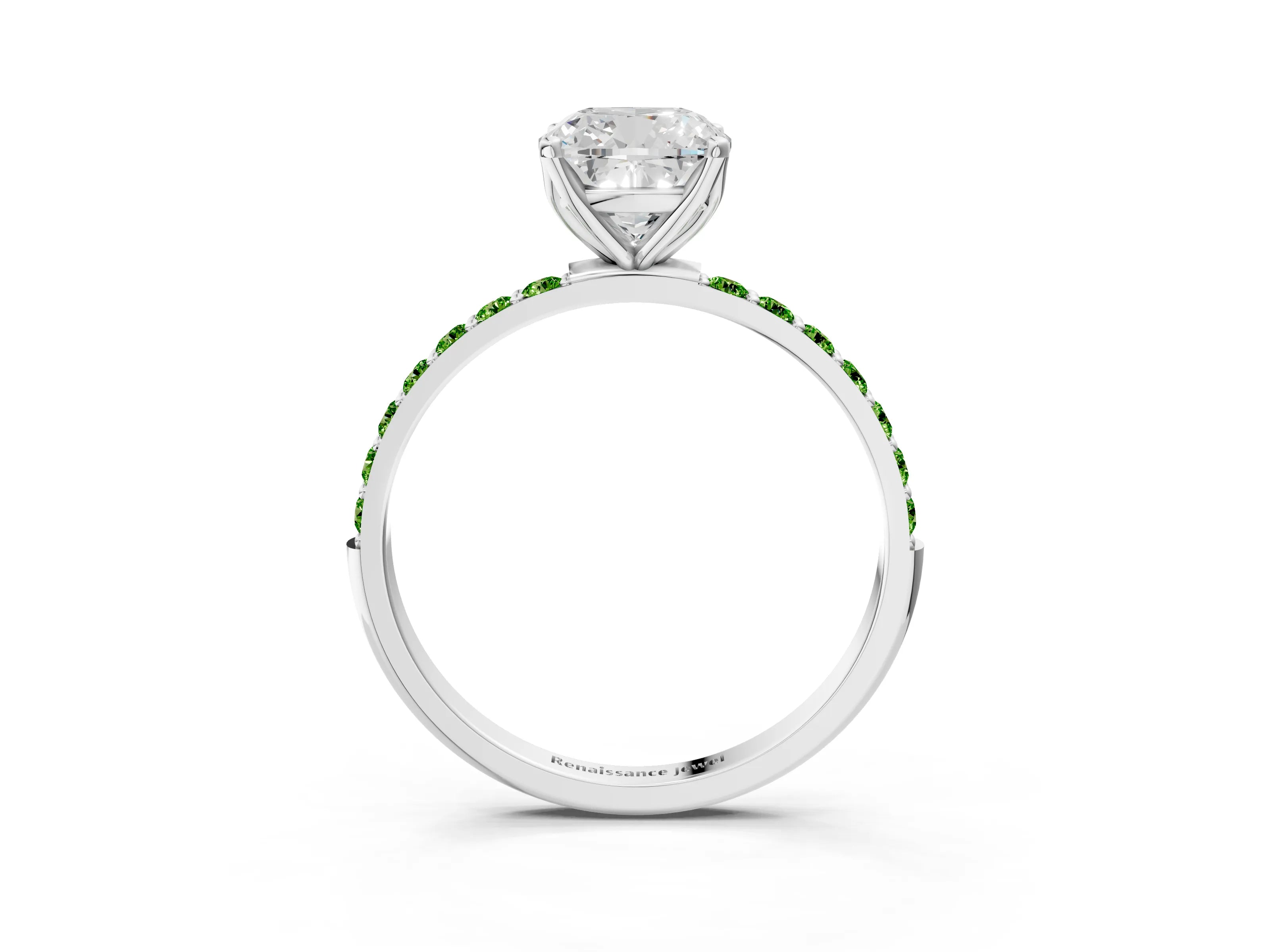 White gold Cushion Cut Diamond Solitaire Engagement Ring with Round with Peridot side stone Pavé Band and Prong Setting_3