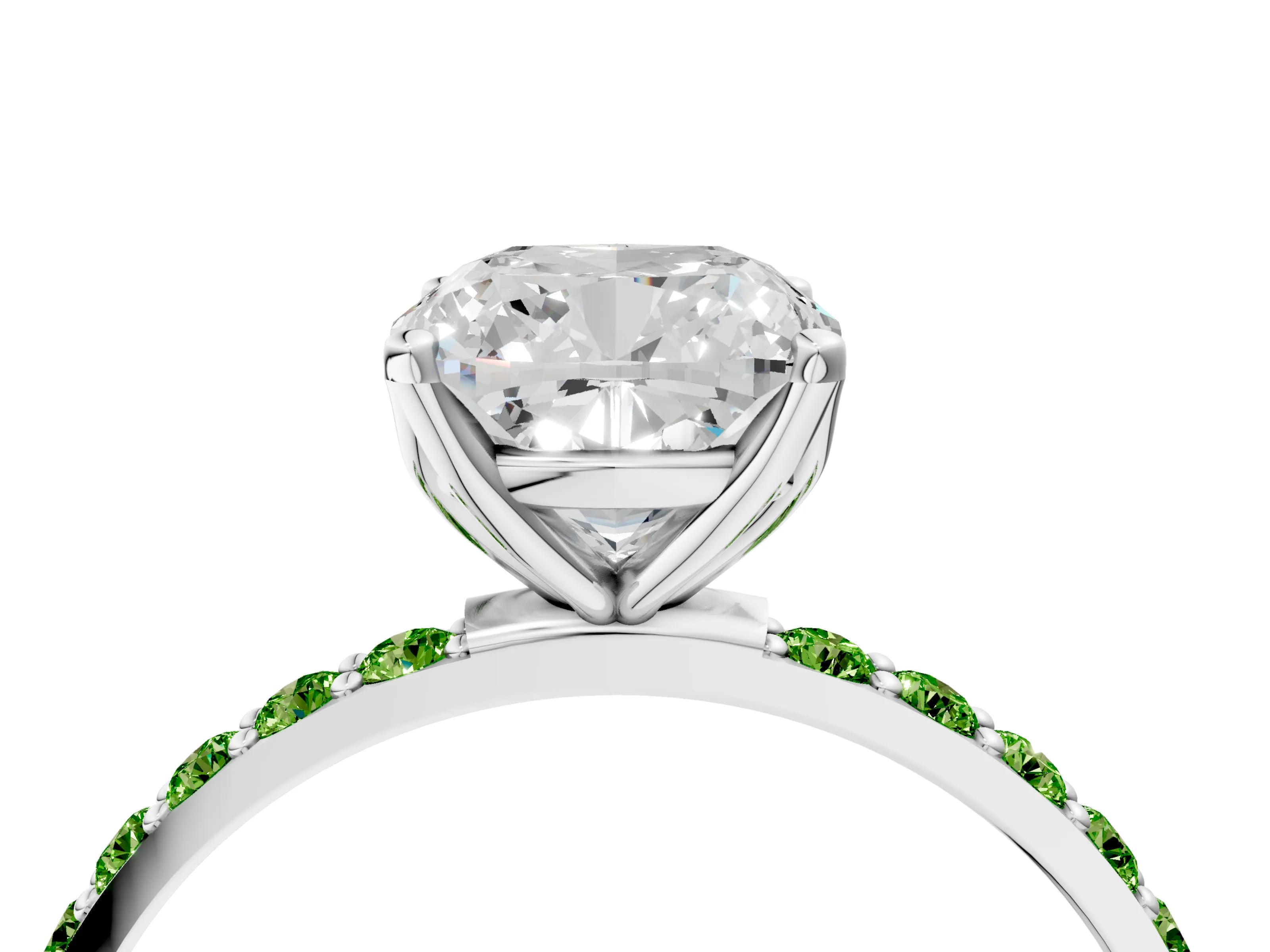 White gold Cushion Cut Diamond Solitaire Engagement Ring with Round with Peridot side stone Pavé Band and Prong Setting_4