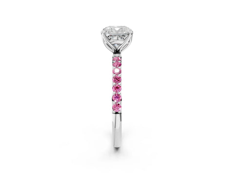 White gold Cushion Cut Diamond Solitaire Engagement Ring with Round with Pink Sapphire side stone Pavé Band and Prong Setting_14