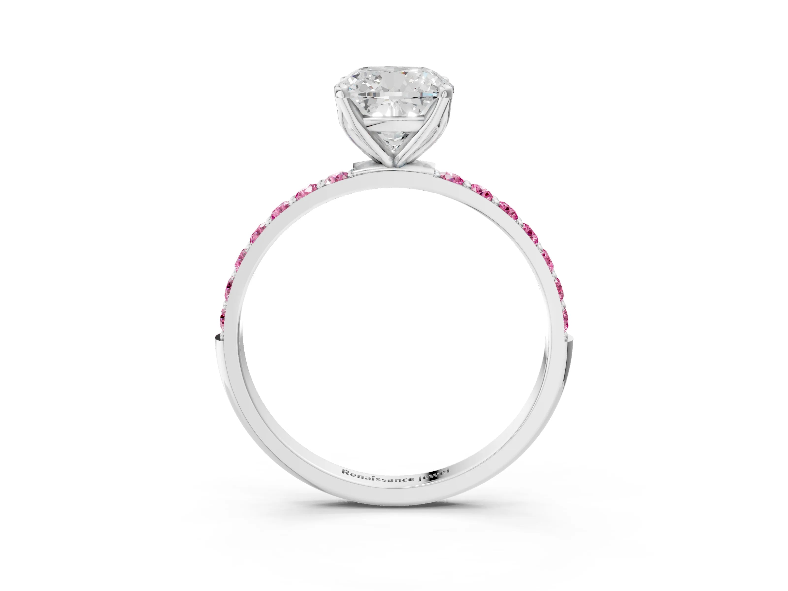 White gold Cushion Cut Diamond Solitaire Engagement Ring with Round with Pink Sapphire side stone Pavé Band and Prong Setting_15