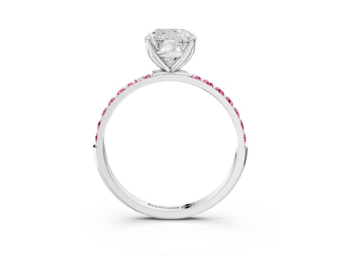 White gold Cushion Cut Diamond Solitaire Engagement Ring with Round with Pink Sapphire side stone Pavé Band and Prong Setting_15