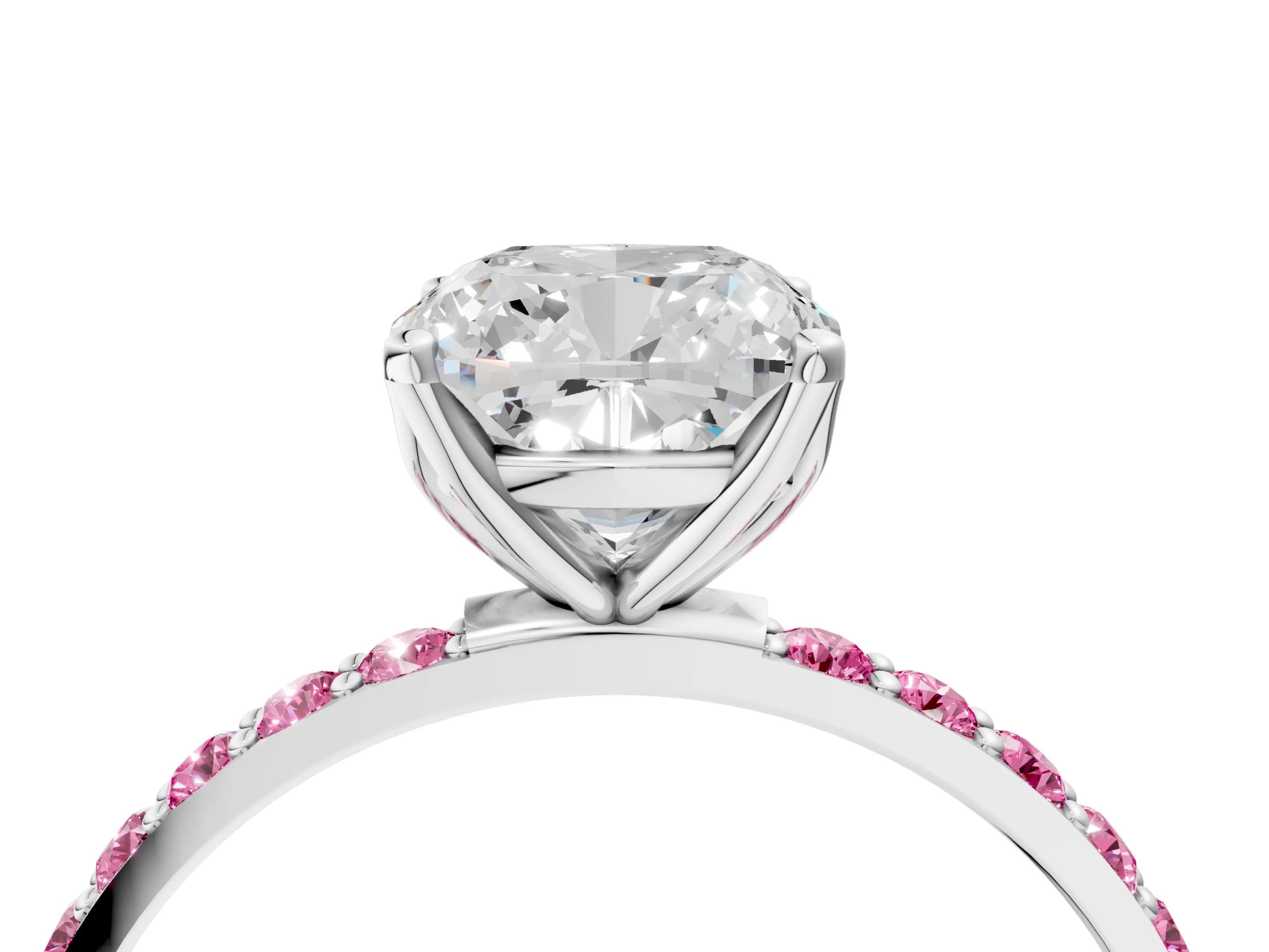 White gold Cushion Cut Diamond Solitaire Engagement Ring with Round with Pink Sapphire side stone Pavé Band and Prong Setting_16