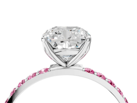 White gold Cushion Cut Diamond Solitaire Engagement Ring with Round with Pink Sapphire side stone Pavé Band and Prong Setting_16