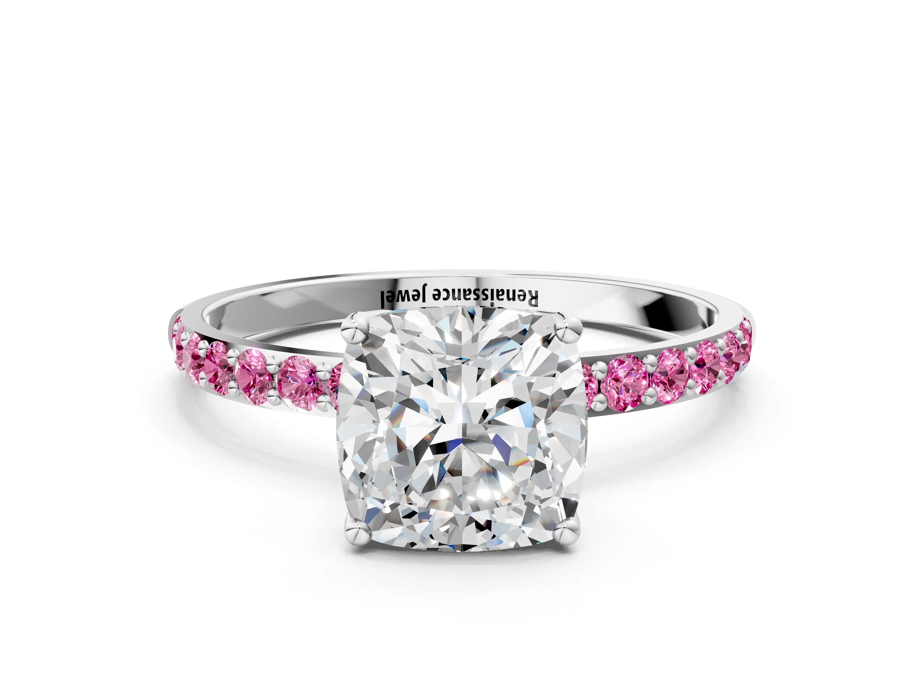 White gold Cushion Cut Diamond Solitaire Engagement Ring with Round with Pink Sapphire side stone Pavé Band and Prong Setting_24