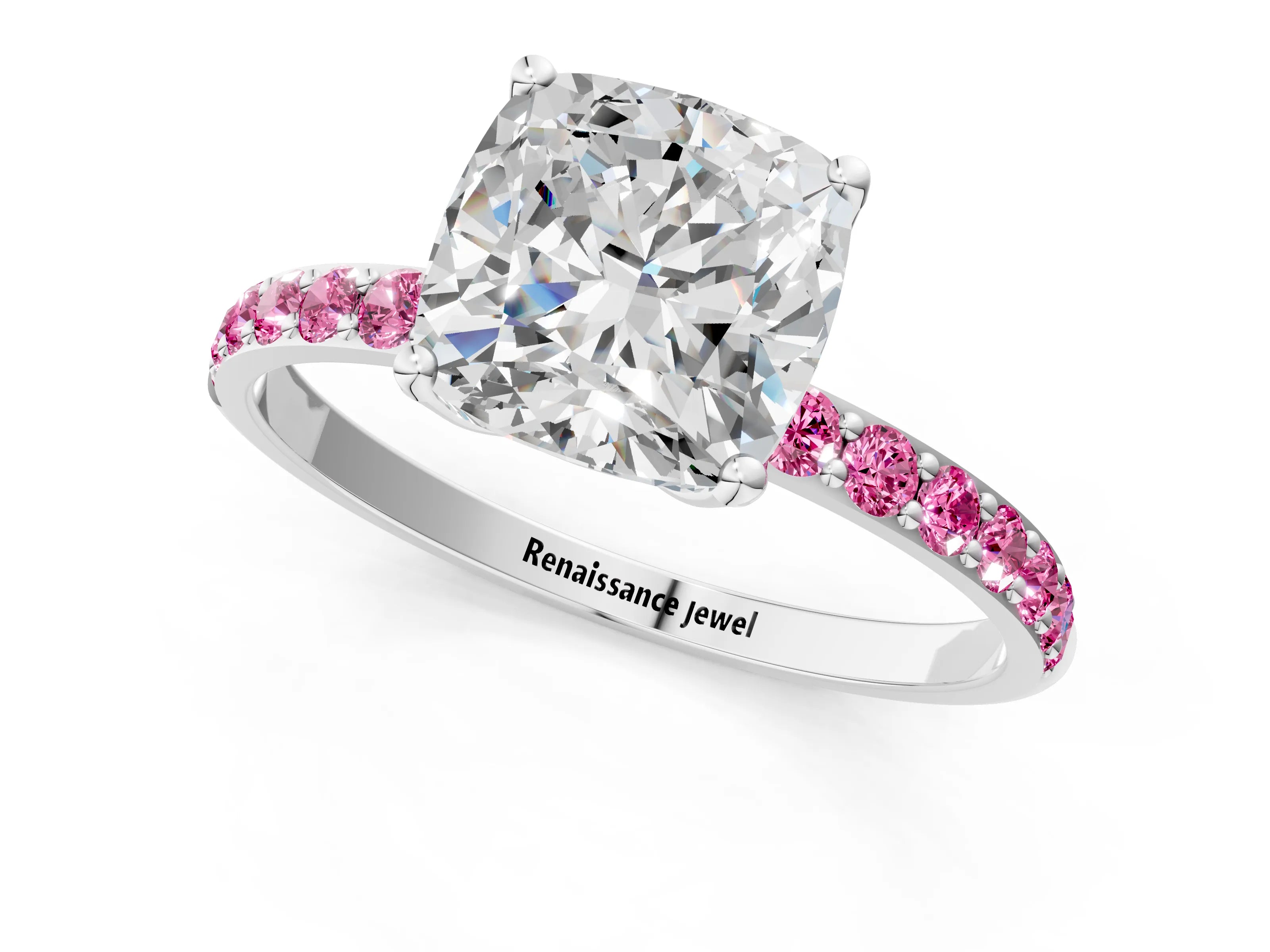 White gold Cushion Cut Diamond Solitaire Engagement Ring with Round with Pink Sapphire side stone Pavé Band and Prong Setting_25