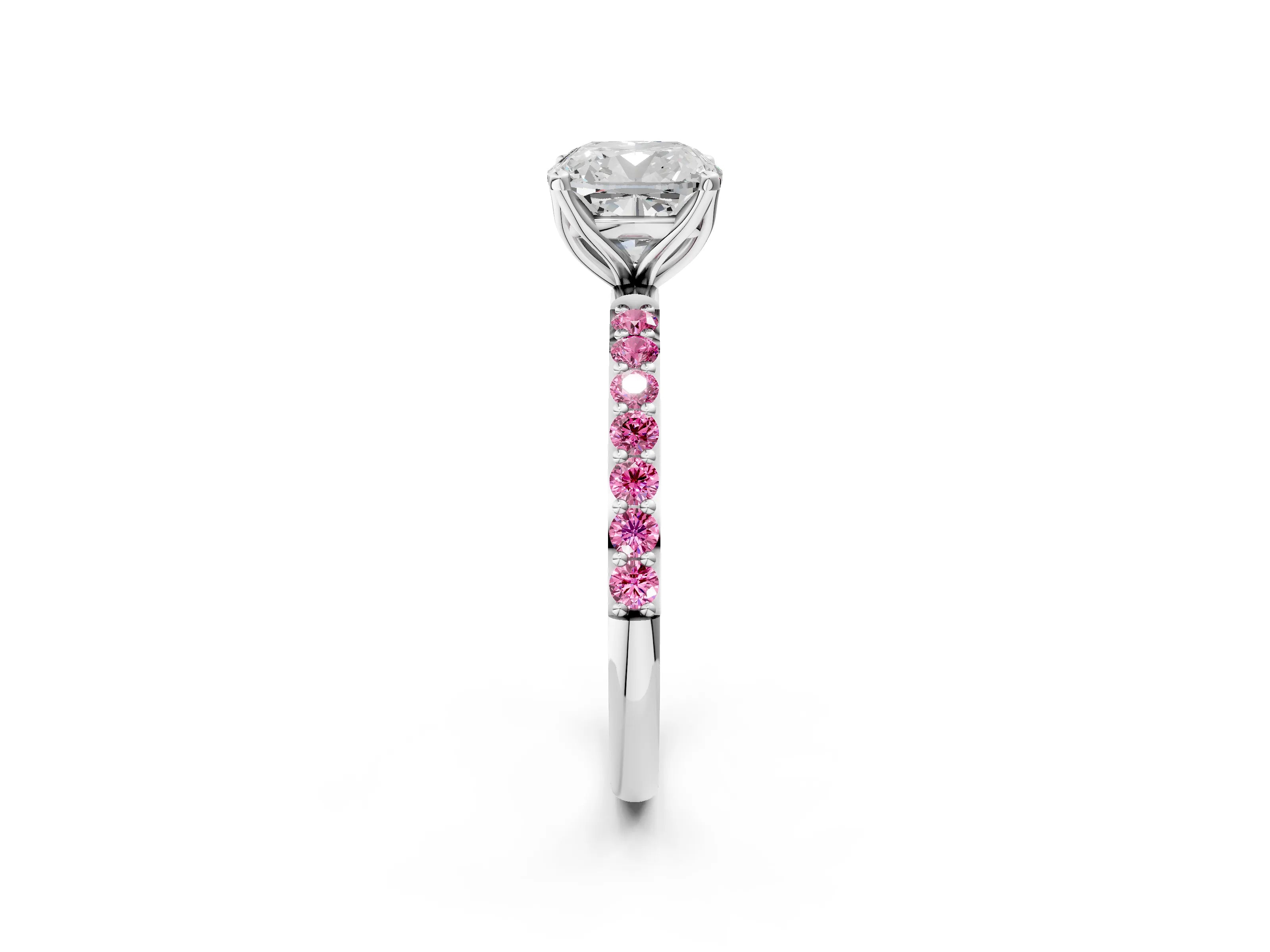 White gold Cushion Cut Diamond Solitaire Engagement Ring with Round with Pink Sapphire side stone Pavé Band and Prong Setting_26