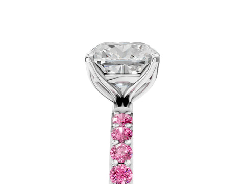 White gold Cushion Cut Diamond Solitaire Engagement Ring with Round with Pink Sapphire side stone Pavé Band and Prong Setting_29