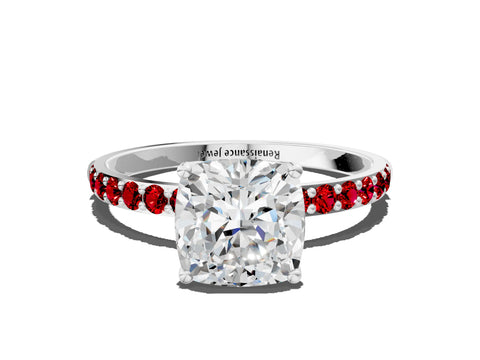 White gold Cushion Cut Diamond Solitaire Engagement Ring with Round with Ruby side stone Pavé Band and Prong Setting_12