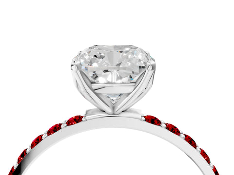 White gold Cushion Cut Diamond Solitaire Engagement Ring with Round with Ruby side stone Pavé Band and Prong Setting_16