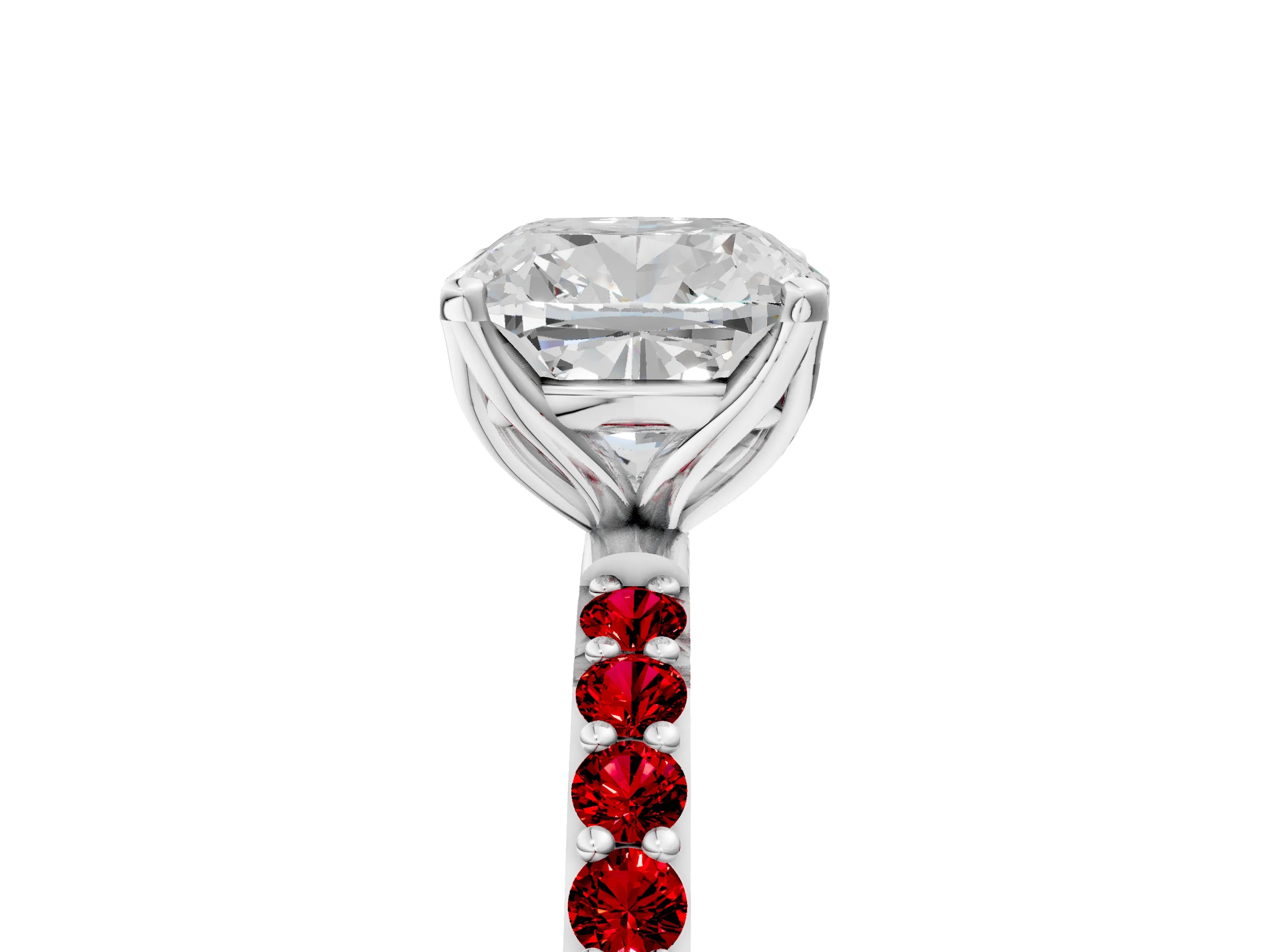 White gold Cushion Cut Diamond Solitaire Engagement Ring with Round with Ruby side stone Pavé Band and Prong Setting_17
