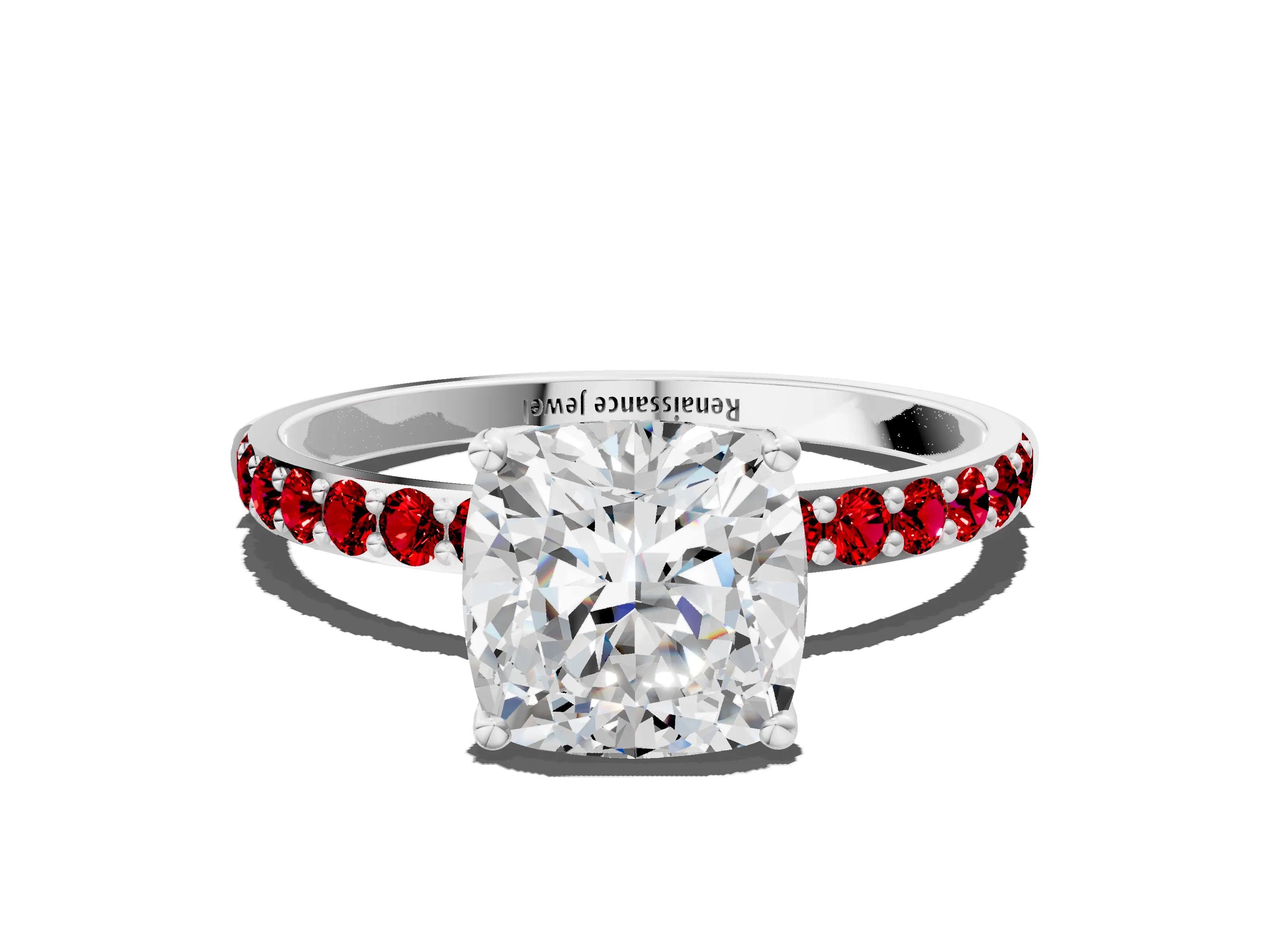 White gold Cushion Cut Diamond Solitaire Engagement Ring with Round with Ruby side stone Pavé Band and Prong Setting_24
