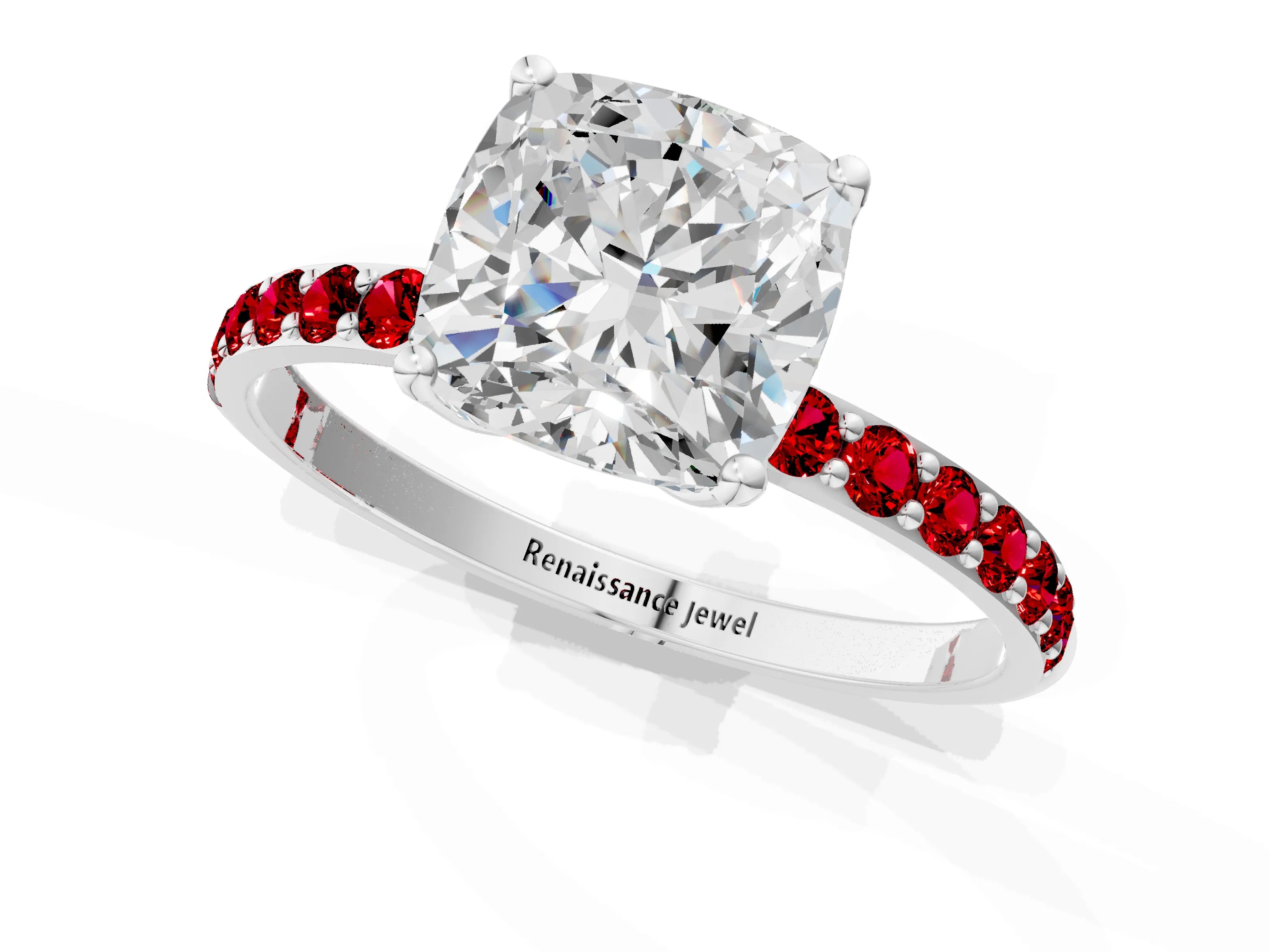 White gold Cushion Cut Diamond Solitaire Engagement Ring with Round with Ruby side stone Pavé Band and Prong Setting_25