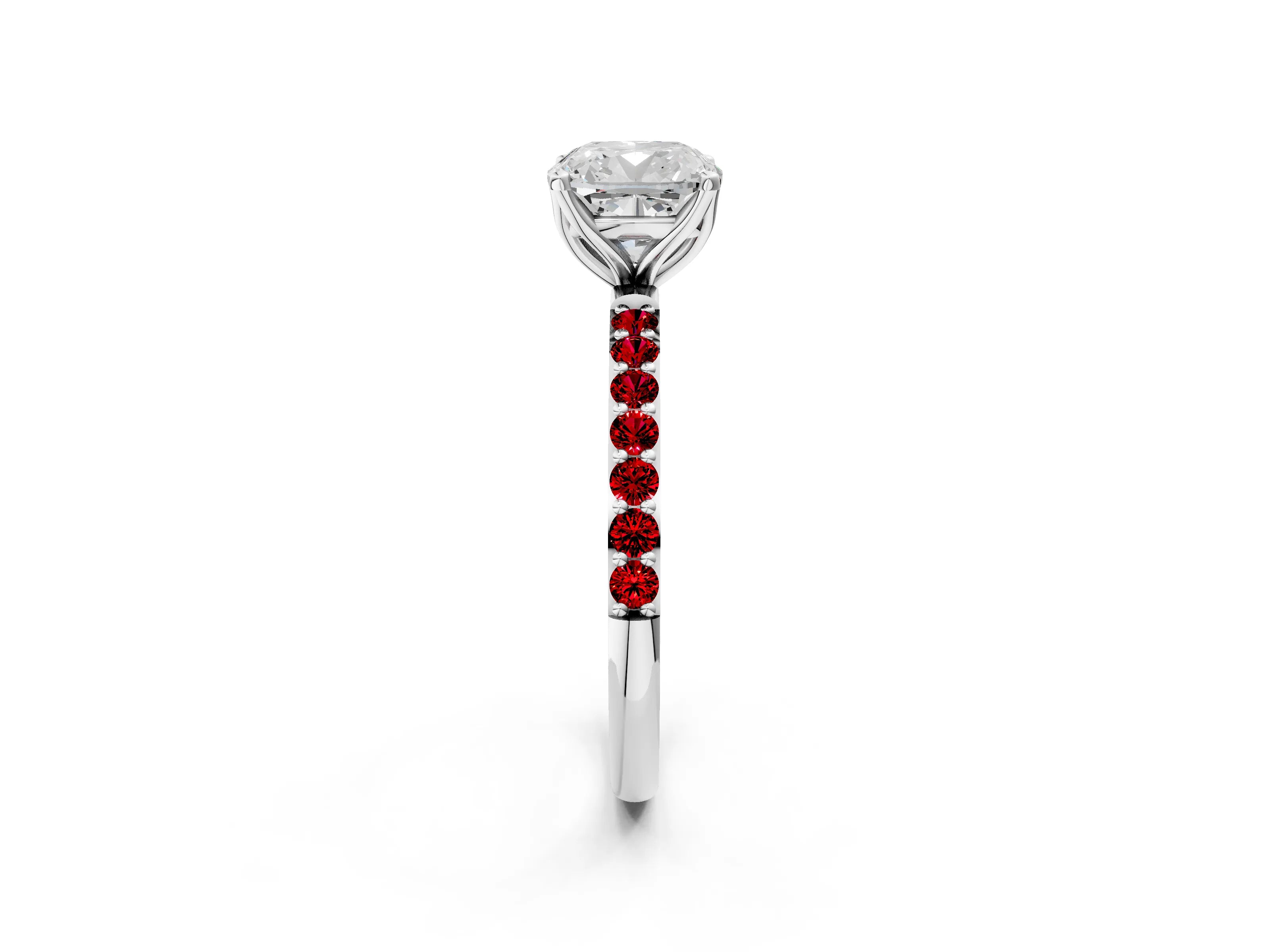White gold Cushion Cut Diamond Solitaire Engagement Ring with Round with Ruby side stone Pavé Band and Prong Setting_26