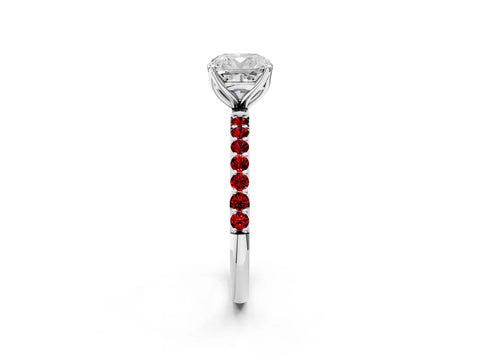 White gold Cushion Cut Diamond Solitaire Engagement Ring with Round with Ruby side stone Pavé Band and Prong Setting_26