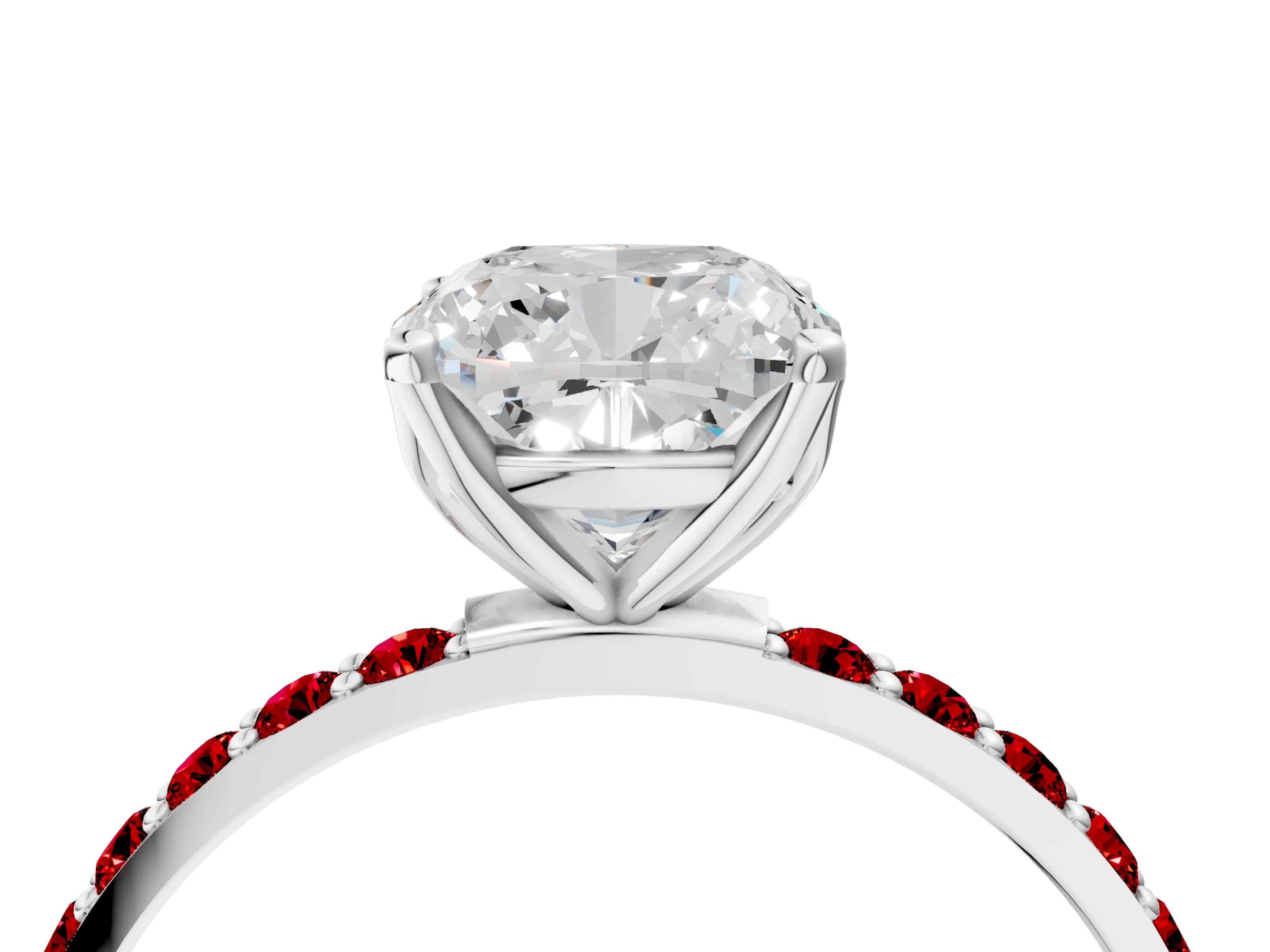 White gold Cushion Cut Diamond Solitaire Engagement Ring with Round with Ruby side stone Pavé Band and Prong Setting_28