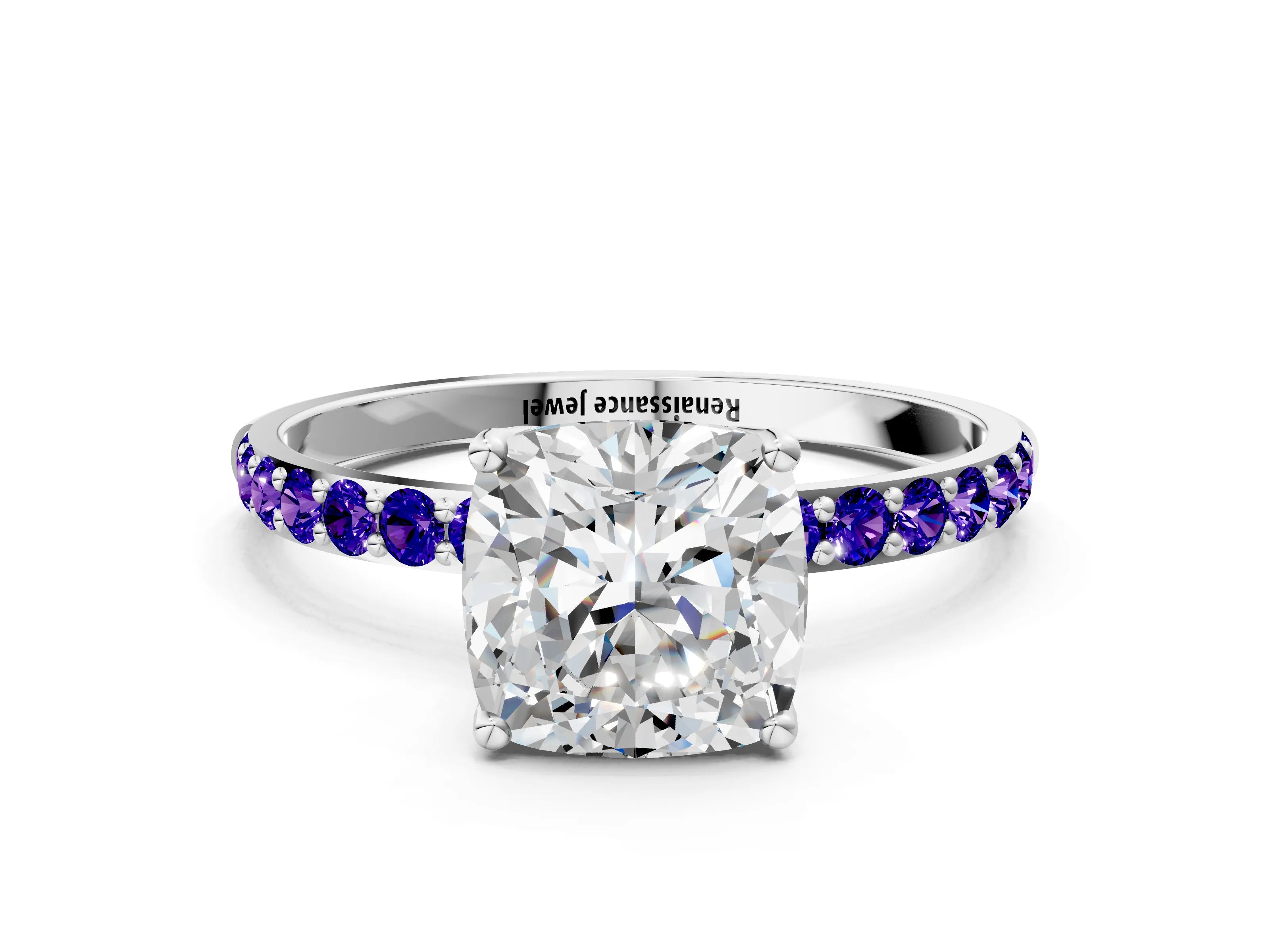 White gold Cushion Cut Diamond Solitaire Engagement Ring with Round with Tanzanite side stone Pavé Band and Prong Setting